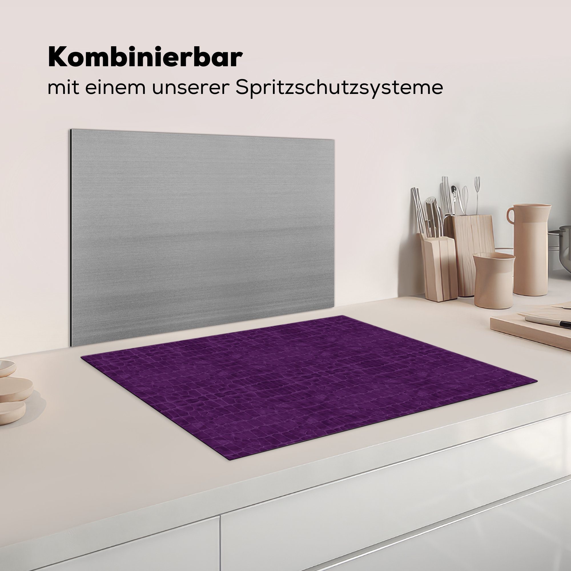 Herdblende-/Abdeckplatte nutzbar, 70x52 - Ceranfeldabdeckung cm, Mobile Induktionsschutz tlg), - Vinyl, Tiere, (1 Arbeitsfläche MuchoWow - Leder Lila