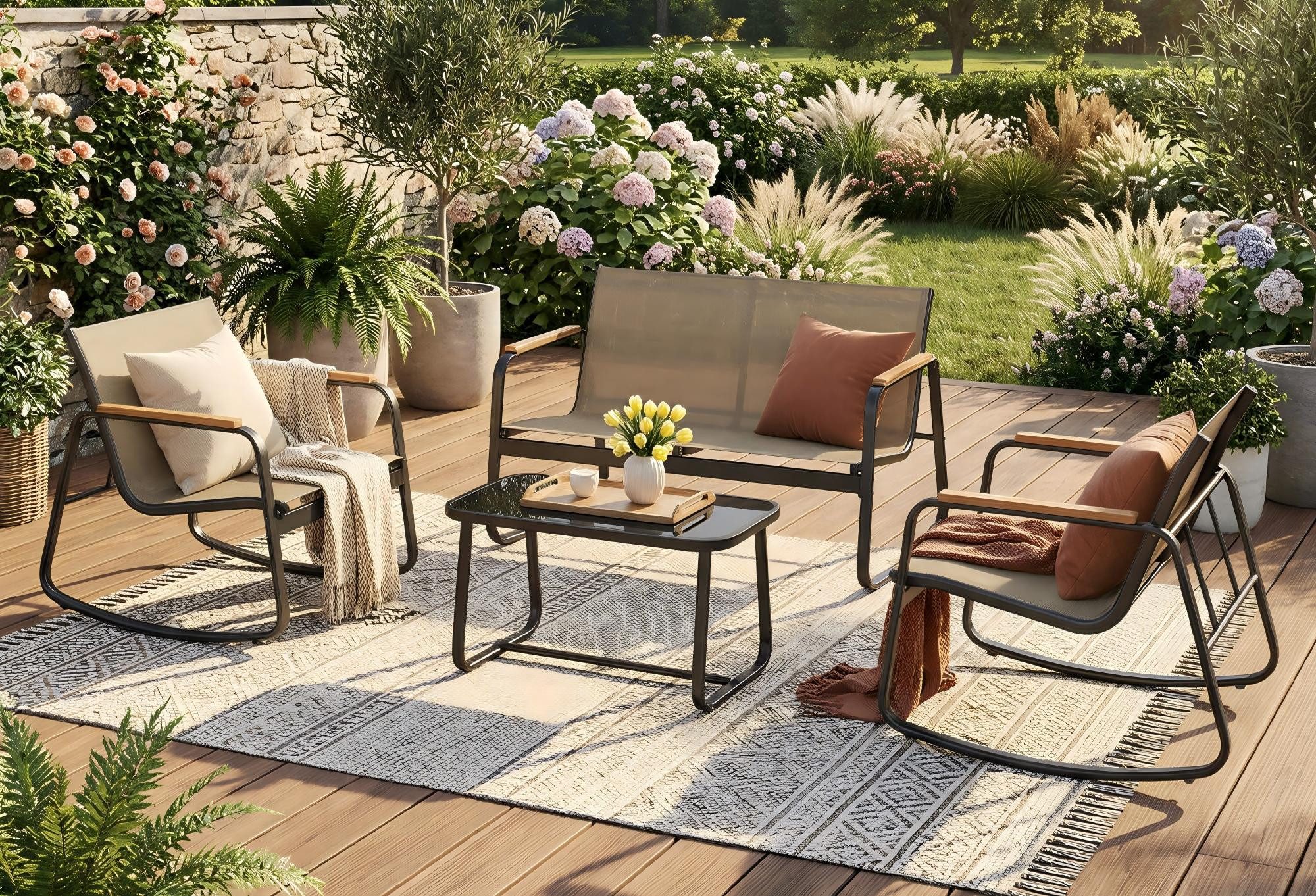SONGMICS Gartenlounge-Set Balkonmöbel, (4-tlg), Stahl, Lounge Möbel, Gartenlounge, Gartenmöbel, Gartenbank, 4-teilig