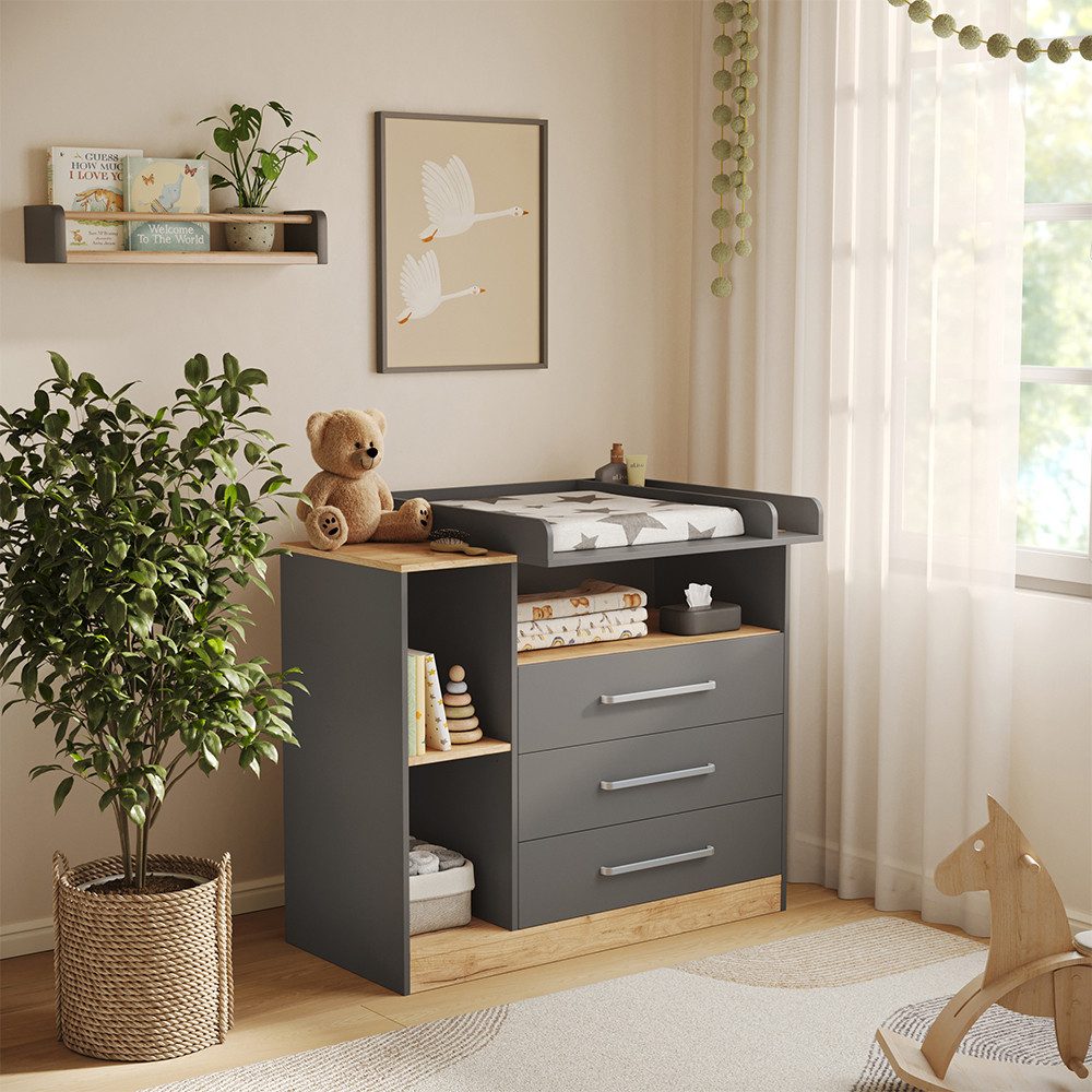 Vicco Wickelkommode Olina, Anthrazit/Goldkraft Eiche, 110 x 93 cm