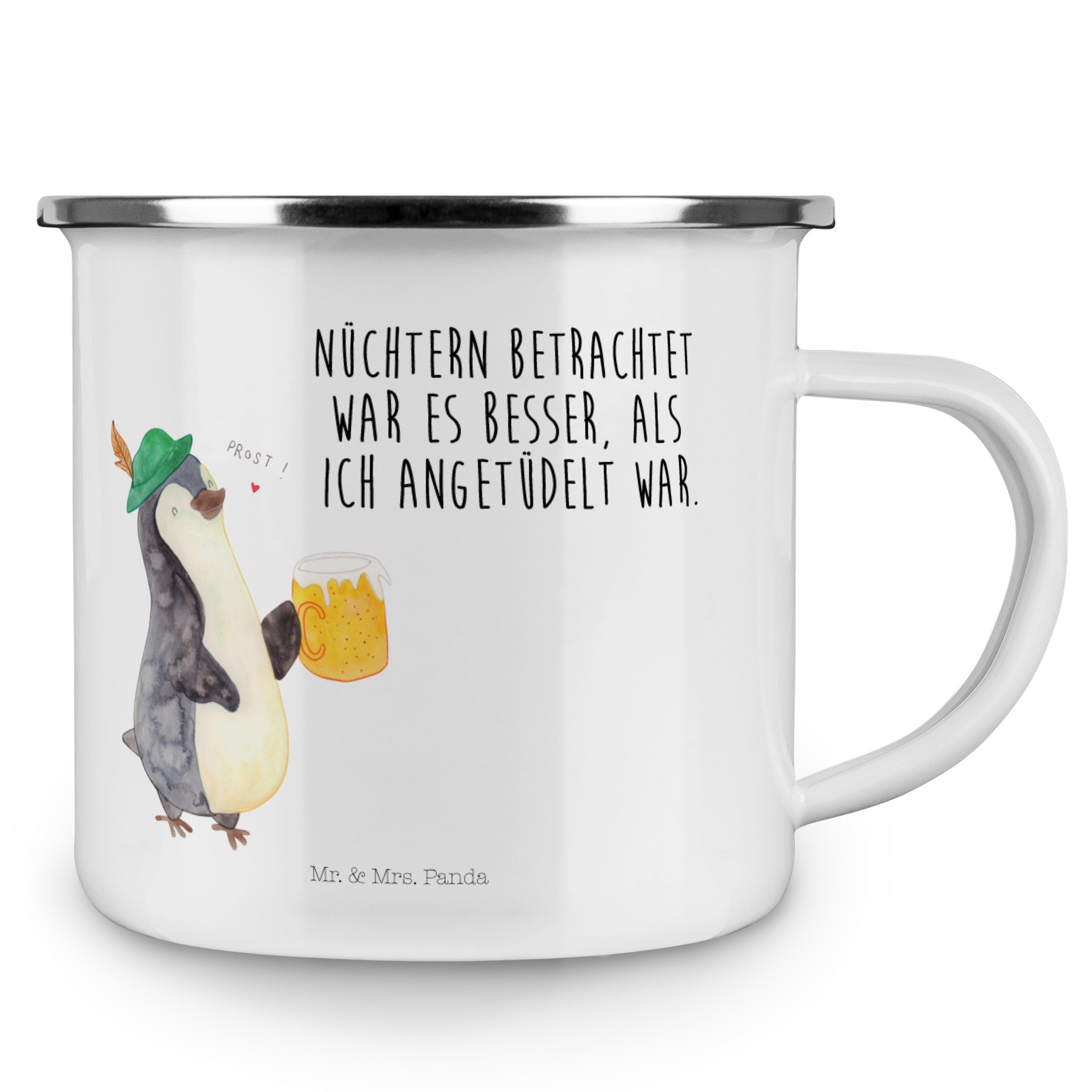 Mr. & Geschenk, Pinguin Bier für Mrs. Ka, Bierchen, Emaille Camping, - Weiß Panda Becher Metalltasse 