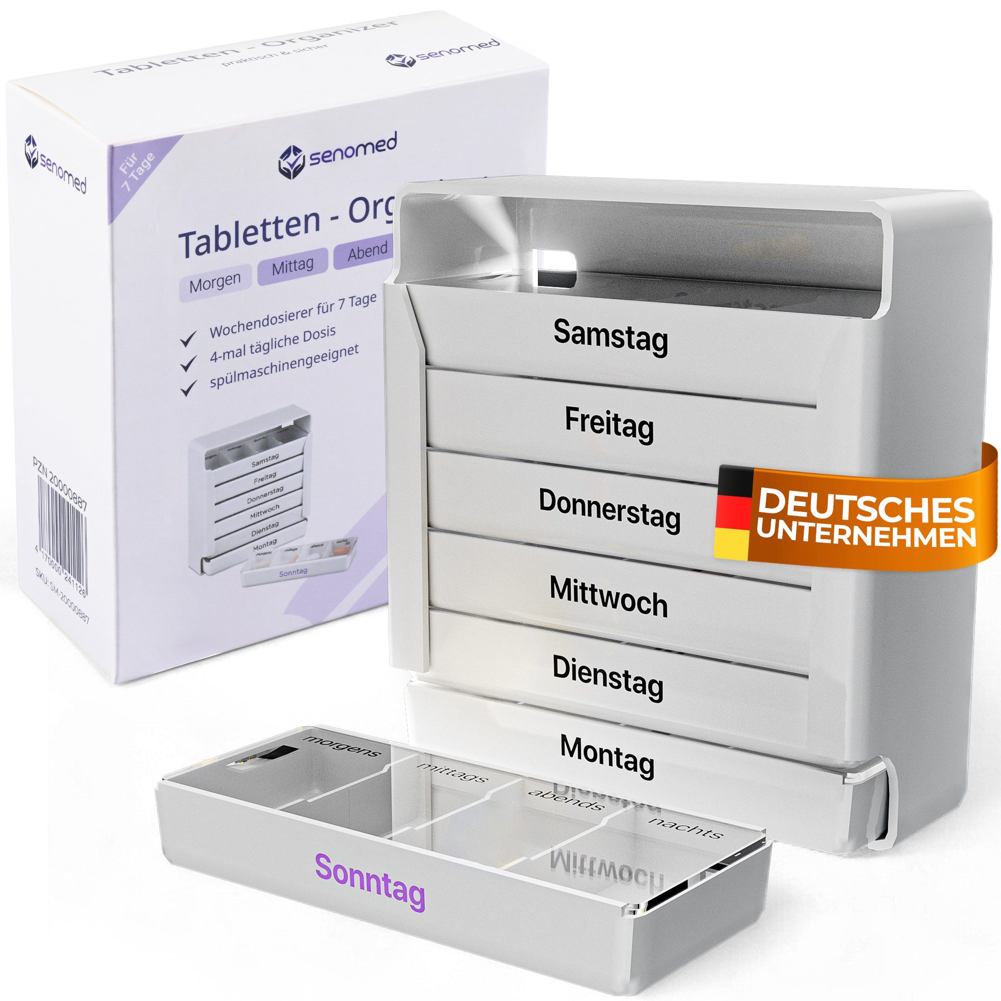 Senomed Pillendose Tablettenbox Weiß 7 Tage mit 4 Fächern pro Tag – Wochendosierer