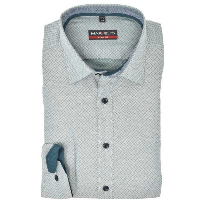 MARVELIS Businesshemd Businesshemd - Body Fit - Langarm - Muster - Grün mit Besatz & Kontrastknöpfen