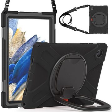Wigento Tablet-Hülle Für Samsung Galaxy Tab A8 2021 X205 X200 aufstellbare Outdoor Hybrid Schwarz 360 Grad mit Trage Gurt Tablet Tasche Etuis Cover Case Schutz Robust Neu