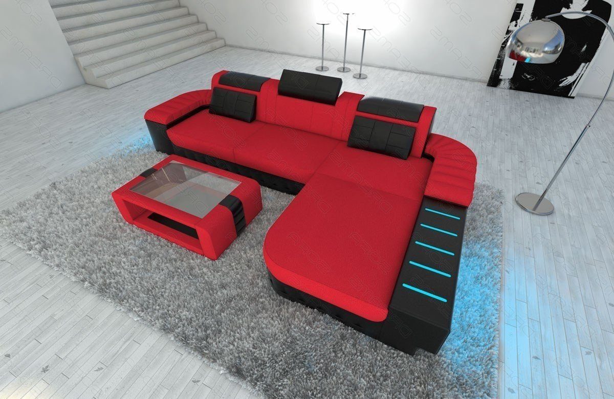 Sofa Dreams Ecksofa Polster Couch, Designersofa wahlweise Stoffsofa LED, mit Bettfunktion Rot-Schwarz mit Schlafsofa, Stoff L C134 Sofa als Bellagio Form