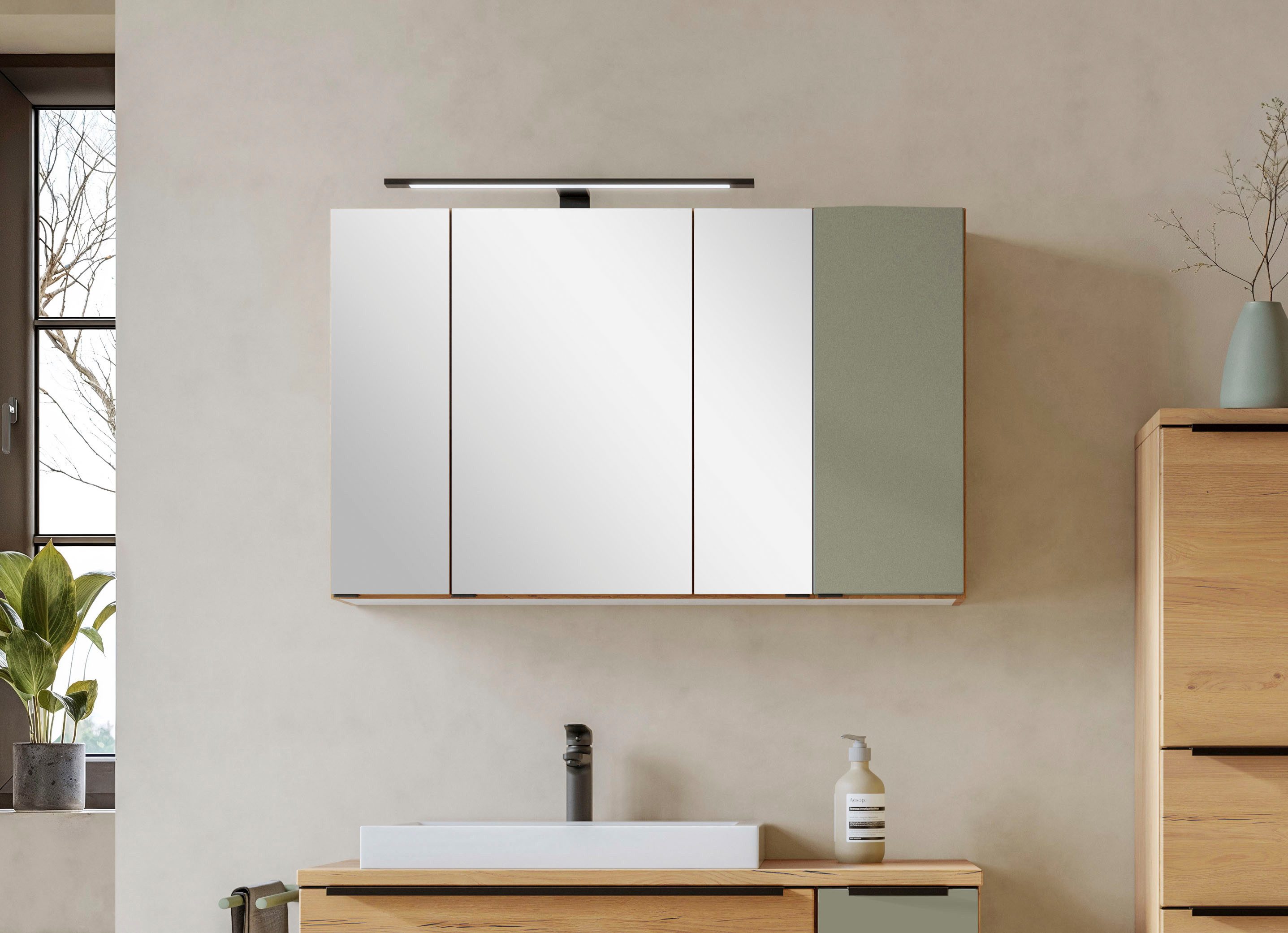 welltime Spiegelschrank MAILAND, gedämpfte Scharniere, LED-Aufbauleuchte (Maße (B/H/T): ca. 105/64/20 cm) Wildeiche/Schilfgrün, LED-Aufbauleuchte, gedämpfte Scharniere