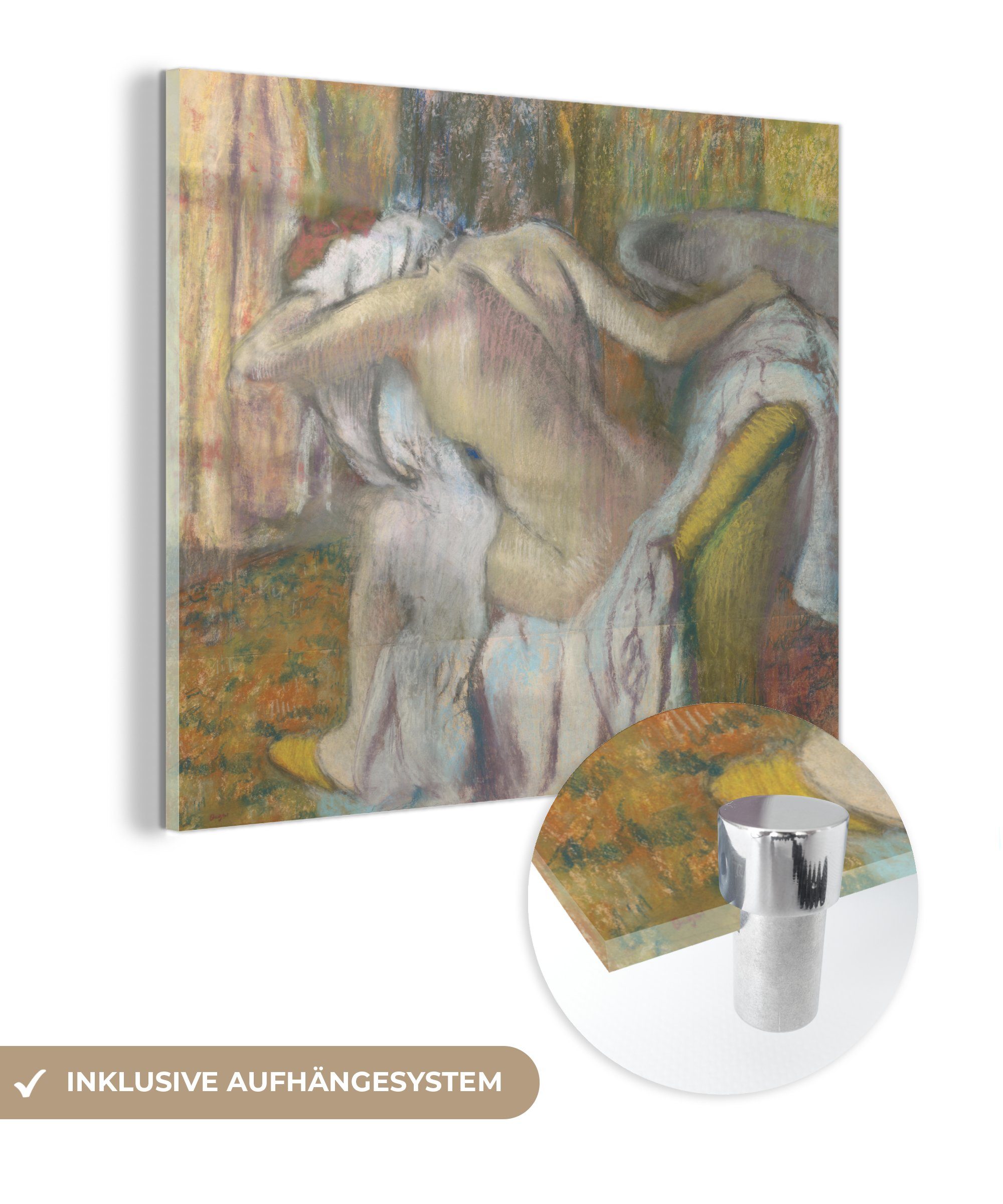 MuchoWow Acrylglasbild Frau trocknet sich ab - Gemälde von Edgar Degas, (1 St), Glasbilder - Bilder auf Glas Wandbild - Foto auf Glas - Wanddekoration