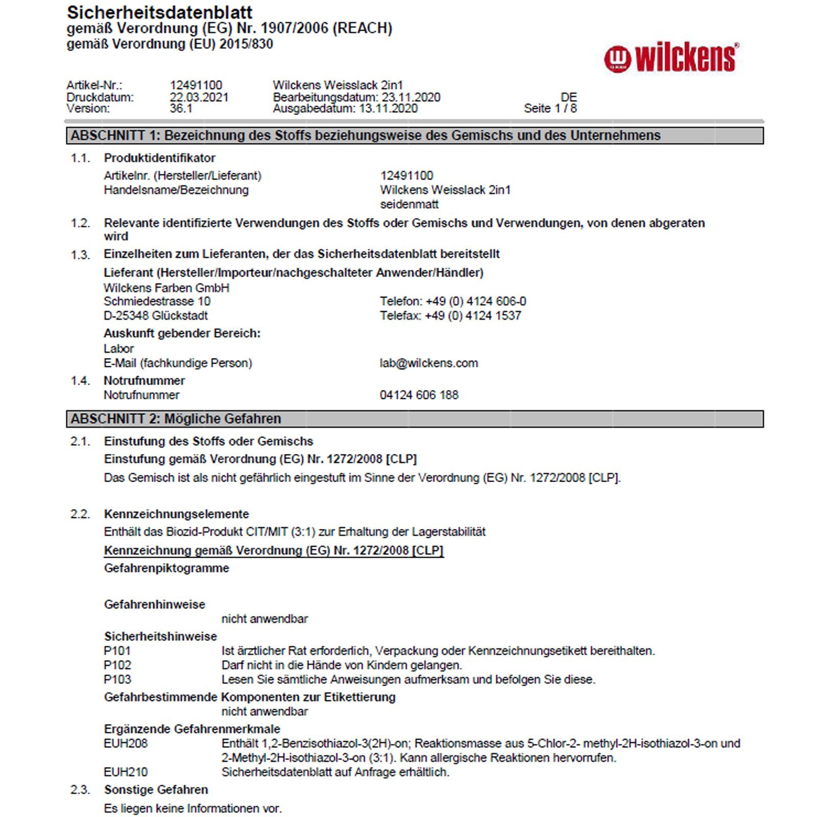 Wilckens Farben Holzlack Weisslack 2in1 Seidenmatt 0,75 LTR