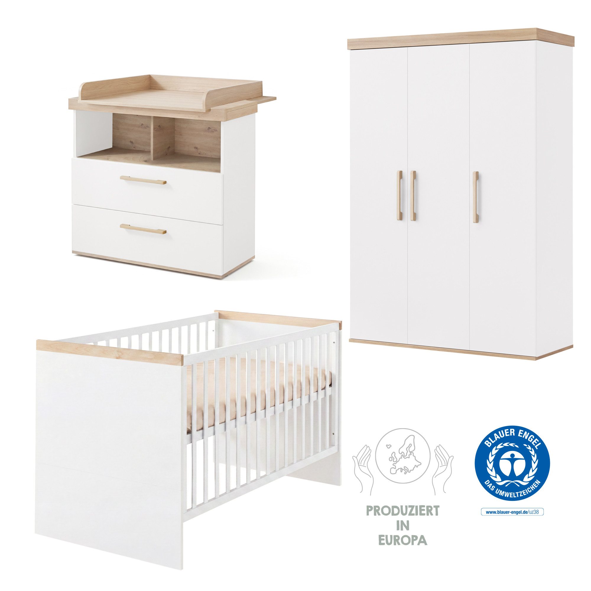 roba® Babyzimmer-Komplettset Jimmy - 3-teiliges Komplettzimmer - MADE IN EUROPE, (Set, Babybett 70 x 140 cm, Wickelkommode Schublade & Fach, Kleiderschrank), aus Holz - Klassisches Design - moderne Farben - Kinderzimmer Set