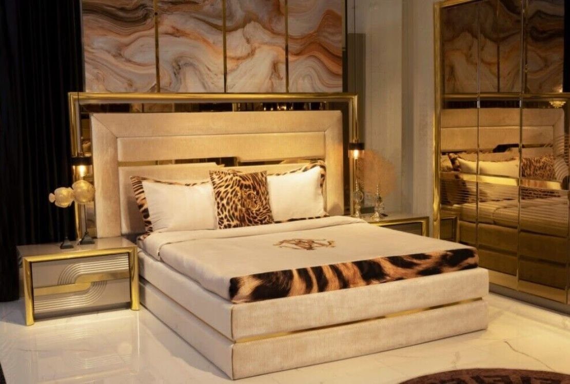 JVmoebel Schlafzimmer-Set Luxus 2x Made Europa Bett Sofort, Gold in 2х Nachttisch (3-St., Bett, Textil tlg. Nachttische), Betten 3