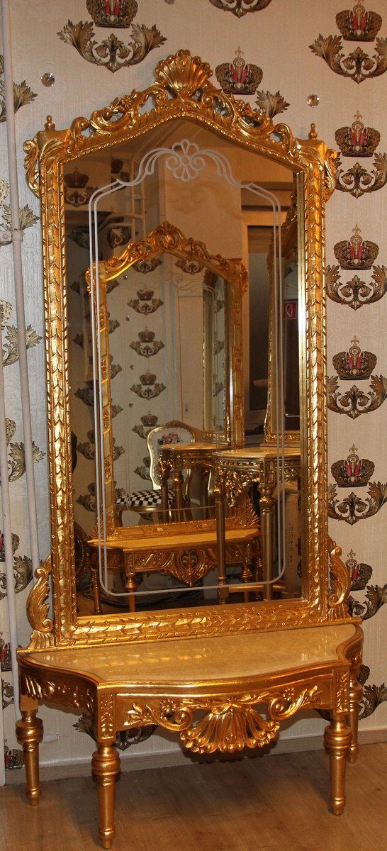 Casa Padrino Barockspiegel Barock Spiegelkonsole - Garderobenkonsole Gold mit Marmorplatte und mit schönen Barock Verzierungen auf dem Spiegelglas Mod6 - Antik Look