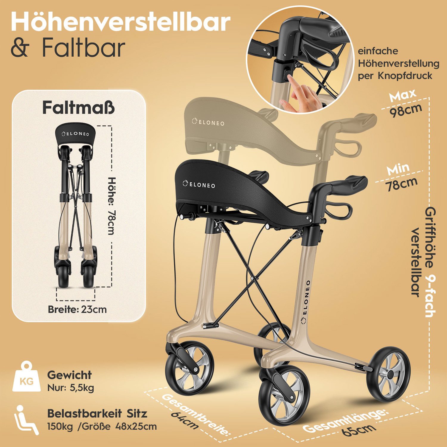 ELONEO Rollator aus Carbon, ultraleicht, faltbar, mit Sitz, Faltbarer Rollator mit Sitz, Rückenlehne, Einkaufstasche