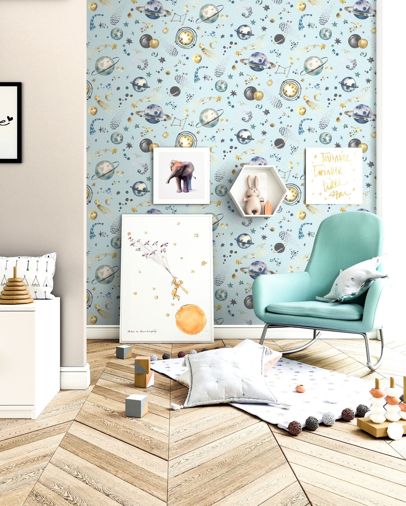 Newroom Vliestapete Galaxy Blue Tapete Kindertapete Galaxie,Sterne,Planeten, Blau Tapete Kinder Galaxie - Kindertapete Jugendtapete Hellblau Gold Verspielt Sterne Planeten für Kinderzimmer Jugendzimmer Babyzimmer, Jugendtapete