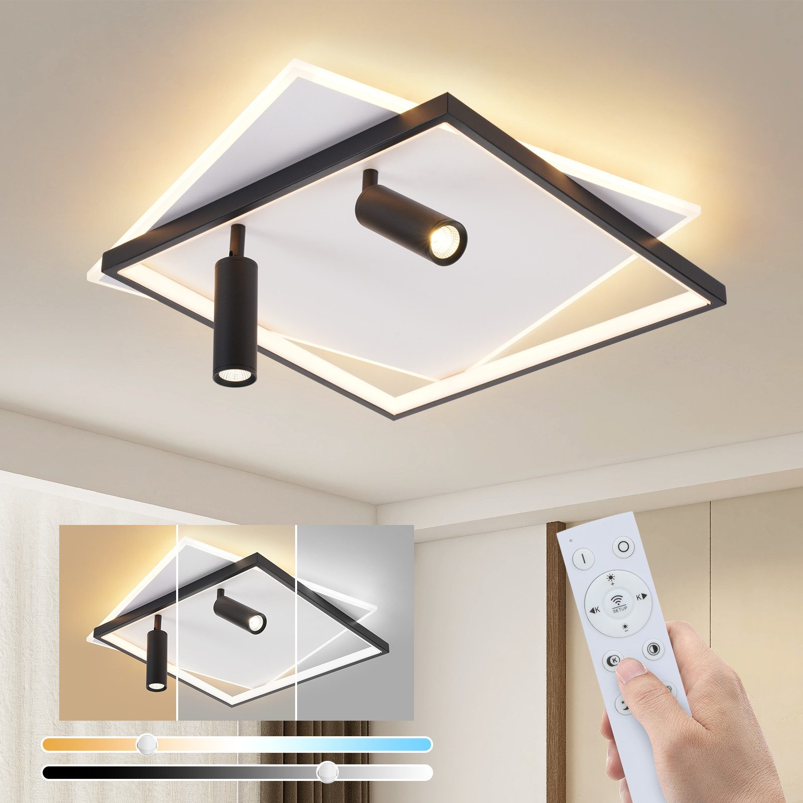 Nettlife LED Deckenleuchte Deckenlampe Schwarz Rund 52W Dimmbar mit 2 Deckenstrahler Modern Acryl, Dimmbar mit Fernbedienung, LED fest integriert, mit Fernbedienung für Schlafzimmer Küche
