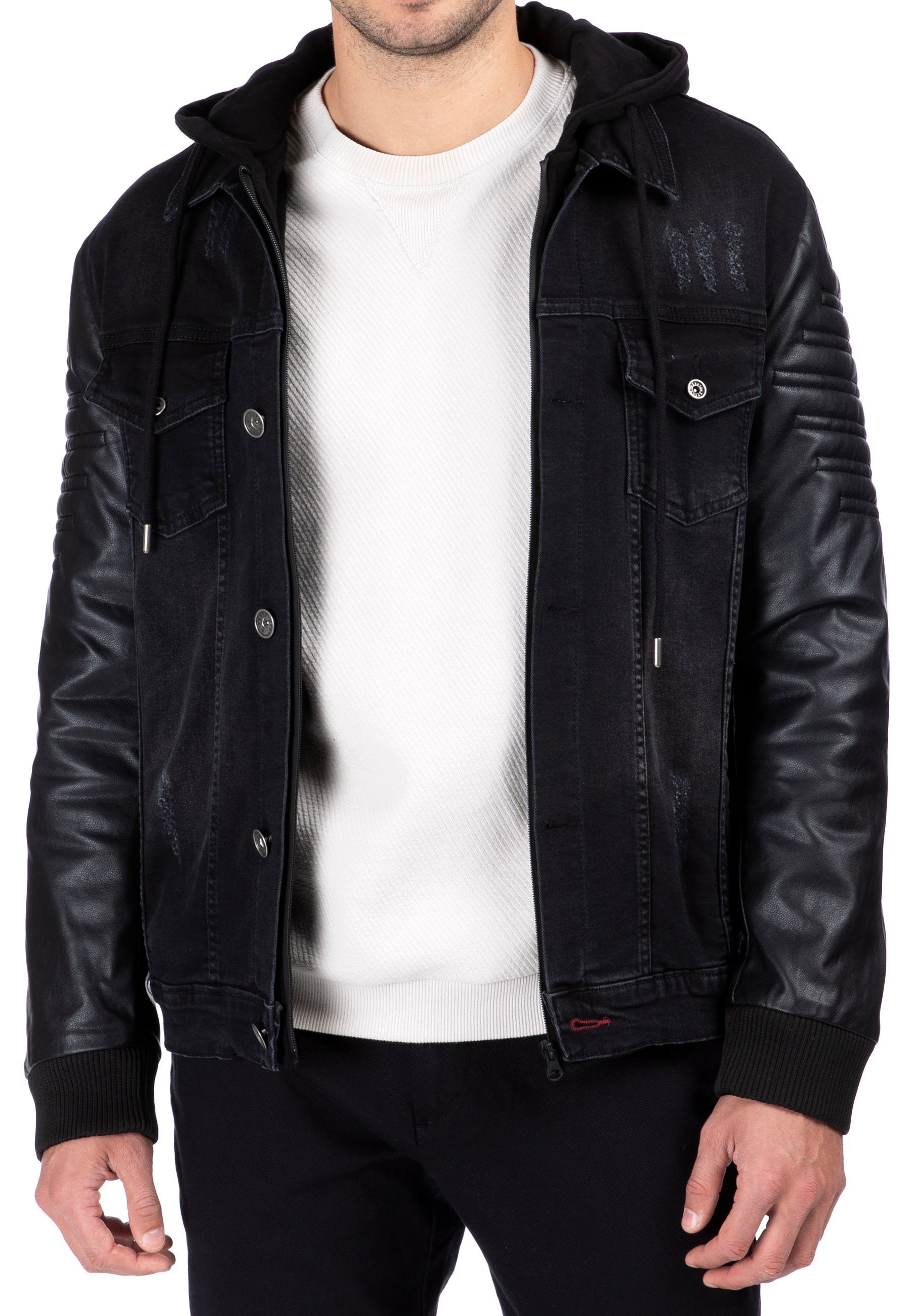 Reslad Jeansjacke Reslad Herren Jeansjacke Denim 2in1 Style Männer (1-St., 2in1 Jeansjacke mit Lederärmel) Material-Mix Jeans Jacke mit Kapuze