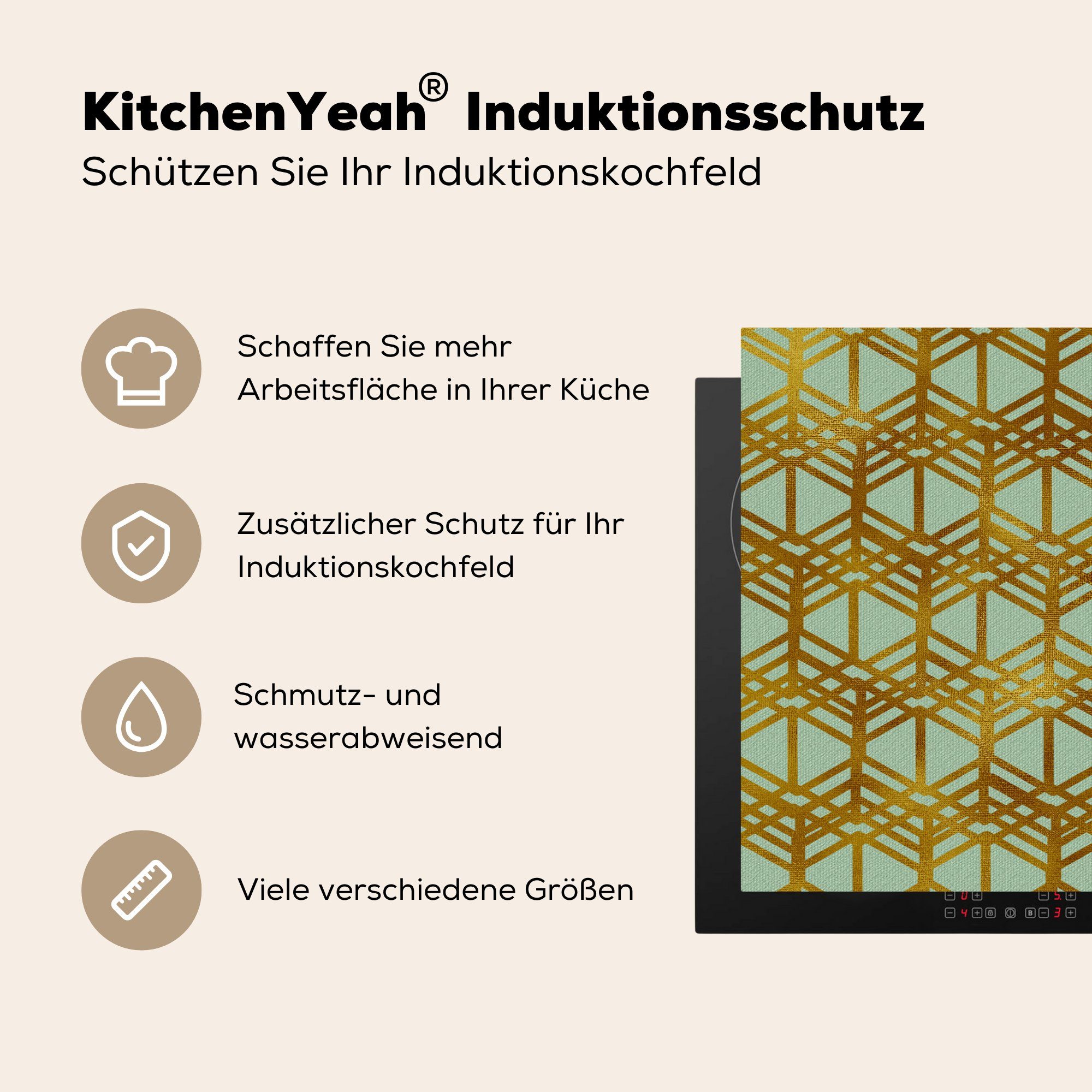 MuchoWow Herdblende-/Abdeckplatte Schutz Induktionskochfeld (1 - 81x52 cm, die Ceranfeldabdeckung - Hellgrün, Vinyl, Gold Muster für tlg), küche, Luxus 
