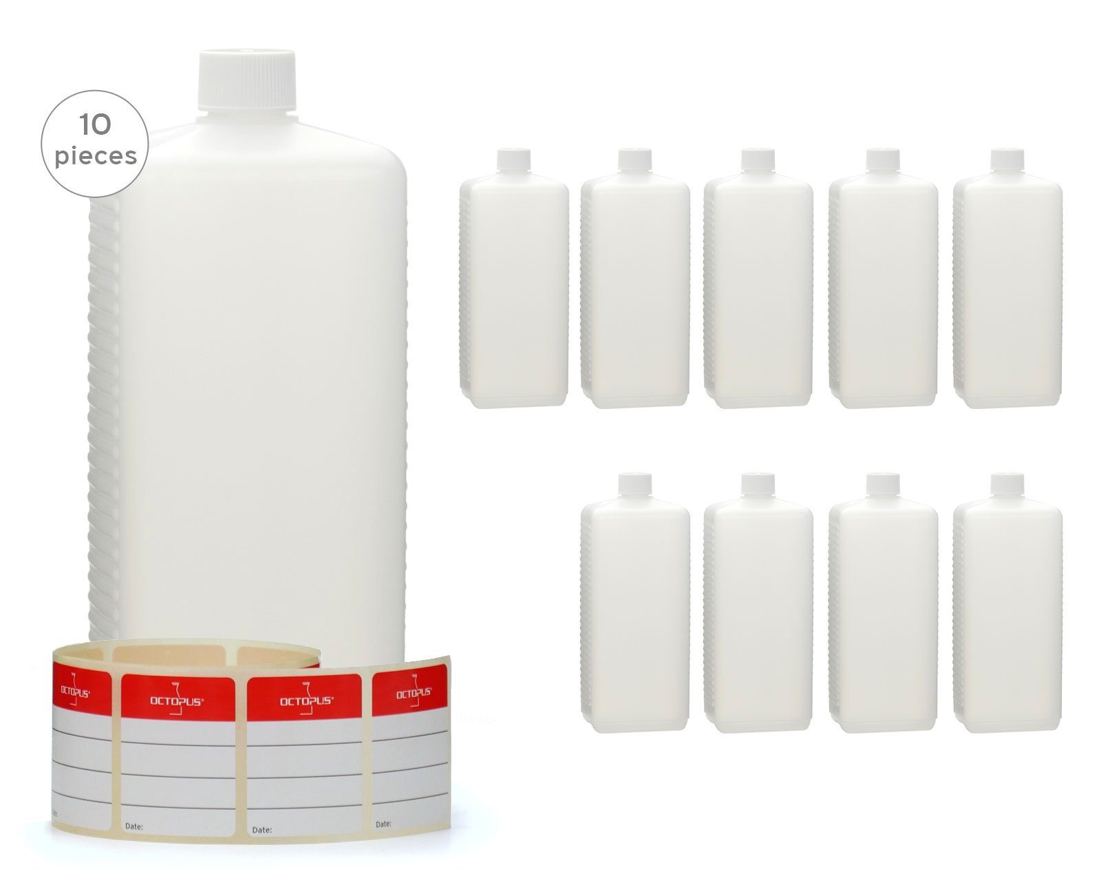OCTOPUS Kanister 10 Plastikflaschen 1.000 ml eckig aus HDPE mit weißen Schraubverschlüs (10 St)