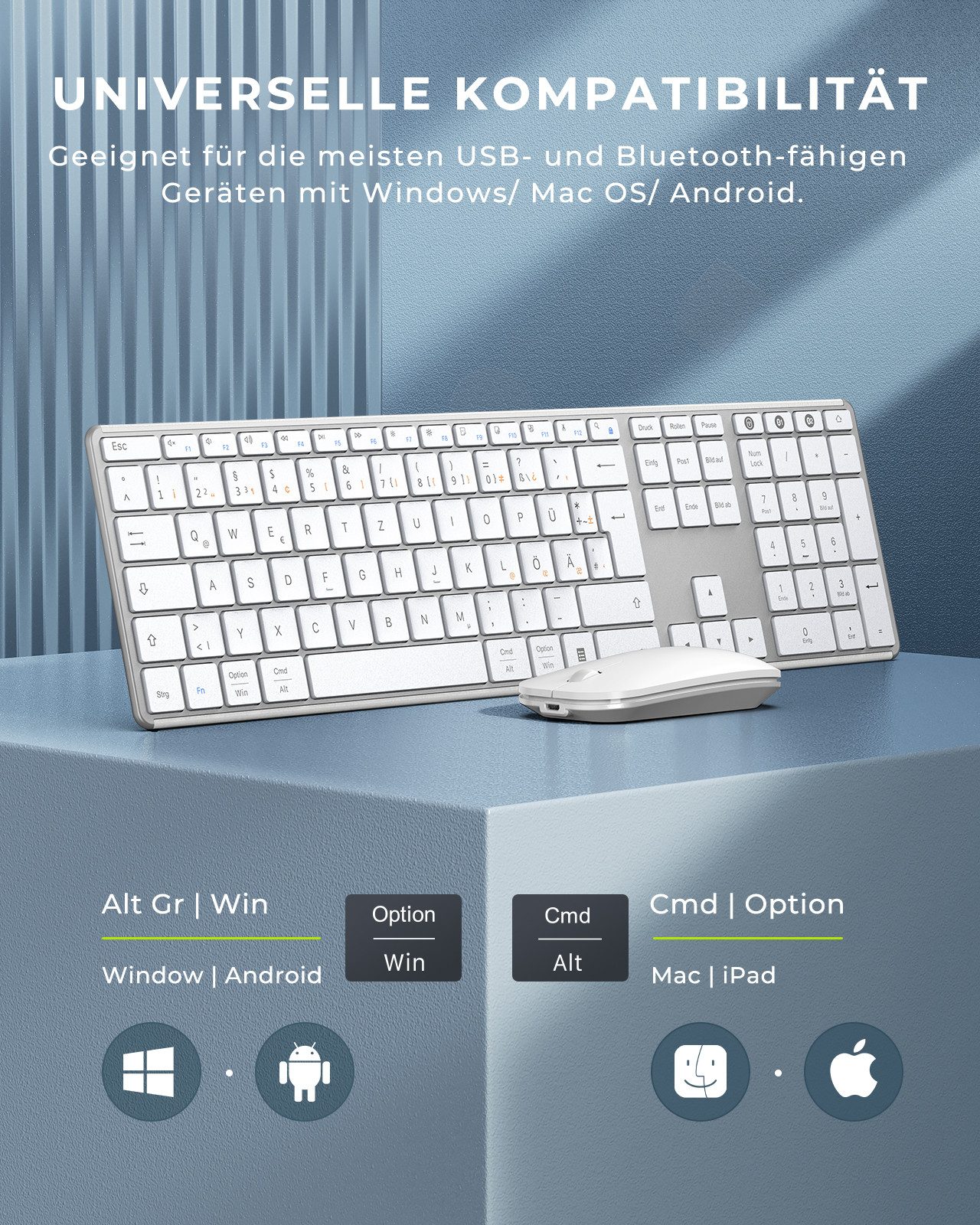 Seenda SKM64-3 Leise Bluetooth Tastatur mit Maus Wiederaufladbare Tastatur- und Maus-Set, (Set, 2 St., Ultradünne Leise Tastatur Maus Set kabellos), Dualmodus, Aufladbar und aus Metall