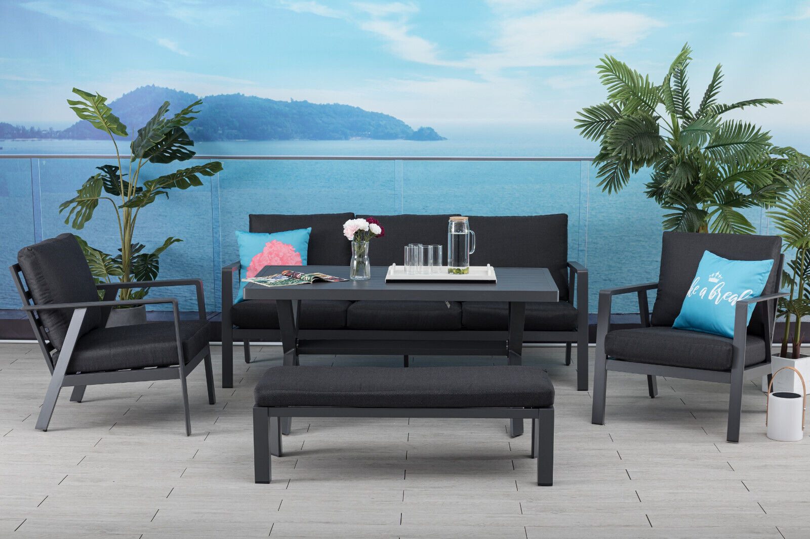 Gardissimo Gartenlounge-Set Merida Lounge / Gartenmöbelset, (Set, 5-tlg., Alu, Tisch, 2 Sessel, Loungebank, inkl. Auflagen), UV-beständig