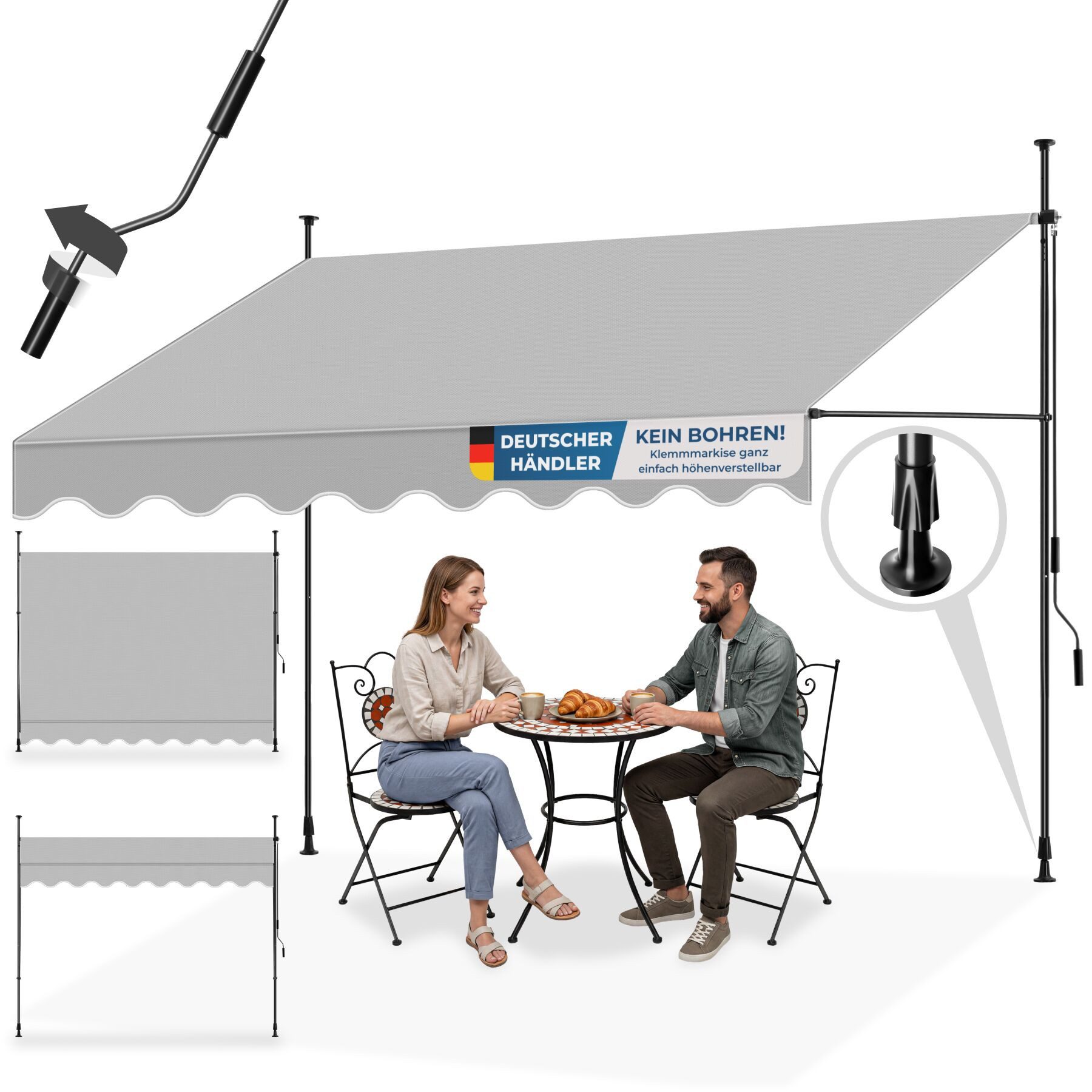 tectake Klemm-Senkrechtmarkise Klemmmarkise mit Handkurbel und bis 90° neigbar, UV-beständig (Sichtschutz/Sonnenschutz, Balkonmarkise für Terrasse und Garten, in hellgrau mit UV-Schutz 50) 180 x 300 x 304 cm, höhenverstellbar 211 - 304 cm, wasserabweisend