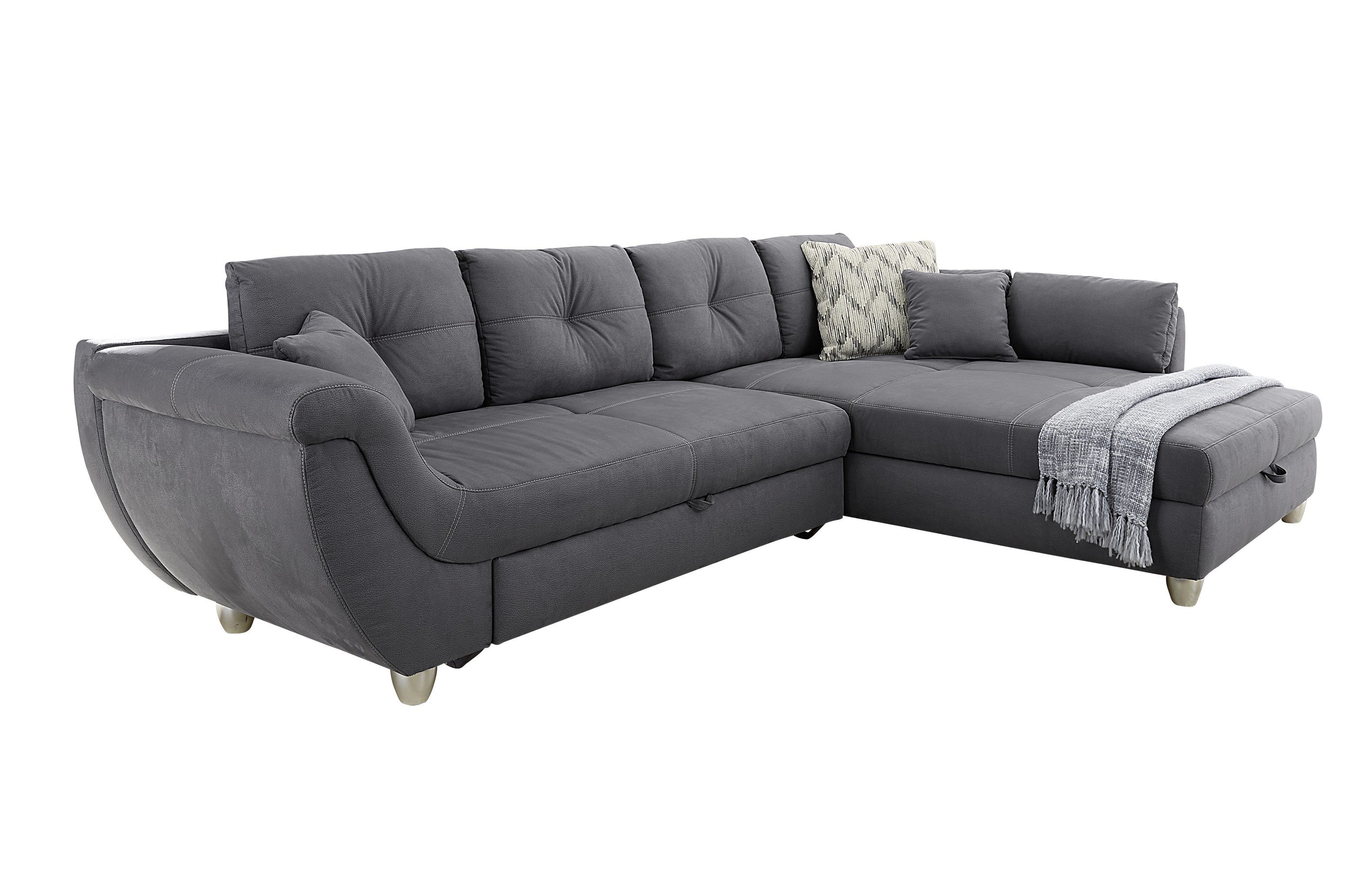 luma-home Ecksofa 15230, mit Schlaffunktion und großem Bettkasten B330/T207/H90 cm, Liegefläche 153x270 cm, Wellenunterfederung, Ottomane links oder rechts montierbar, Mikrofaser-Bezug Grau