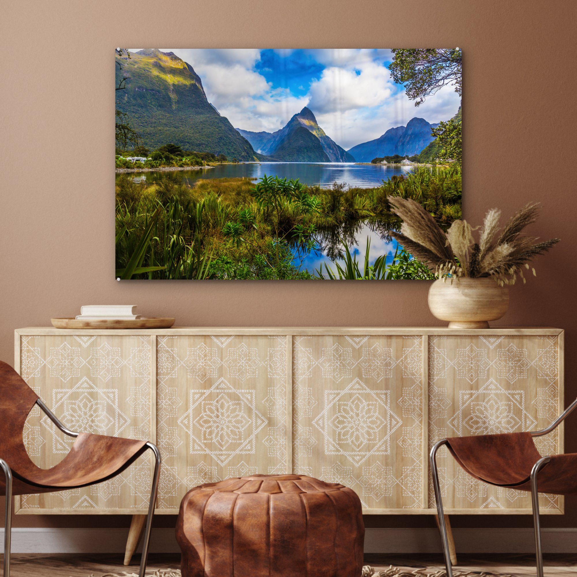 Neuseeland Wohnzimmer (1 MuchoWow Acrylglasbilder Tropisch, St), Schlafzimmer - Berge - & Acrylglasbild