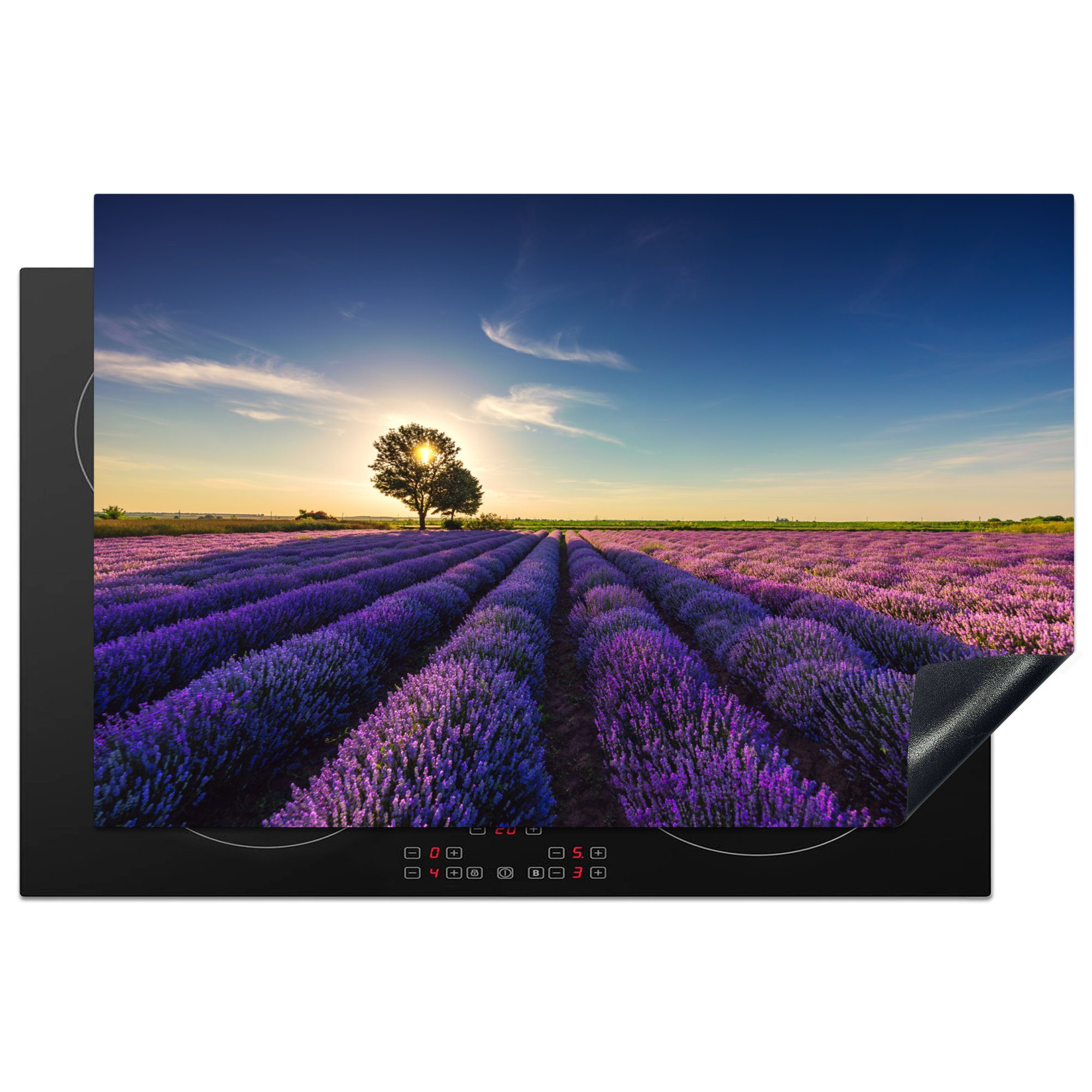 MuchoWow Herdblende-/Abdeckplatte Lavendel - Sonne - Baum - Blumen - Lila, Vinyl, (1 tlg), 81x52 cm, Induktionskochfeld Schutz für die küche, Ceranfeldabdeckung