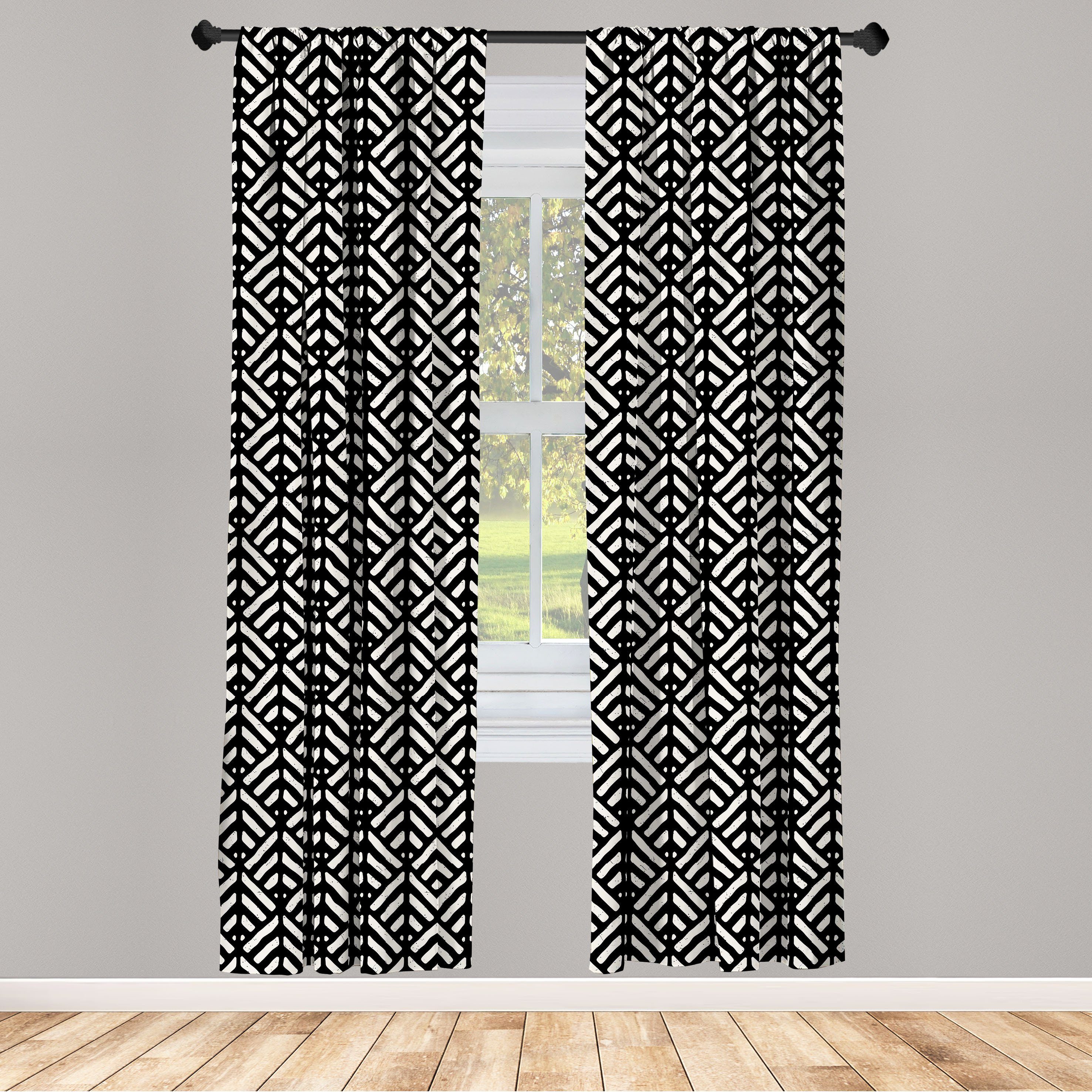 Gardine Vorhang für Wohnzimmer Schlafzimmer Dekor, Abakuhaus, Microfaser, Schwarz und weiß Retro Grunge-Linien