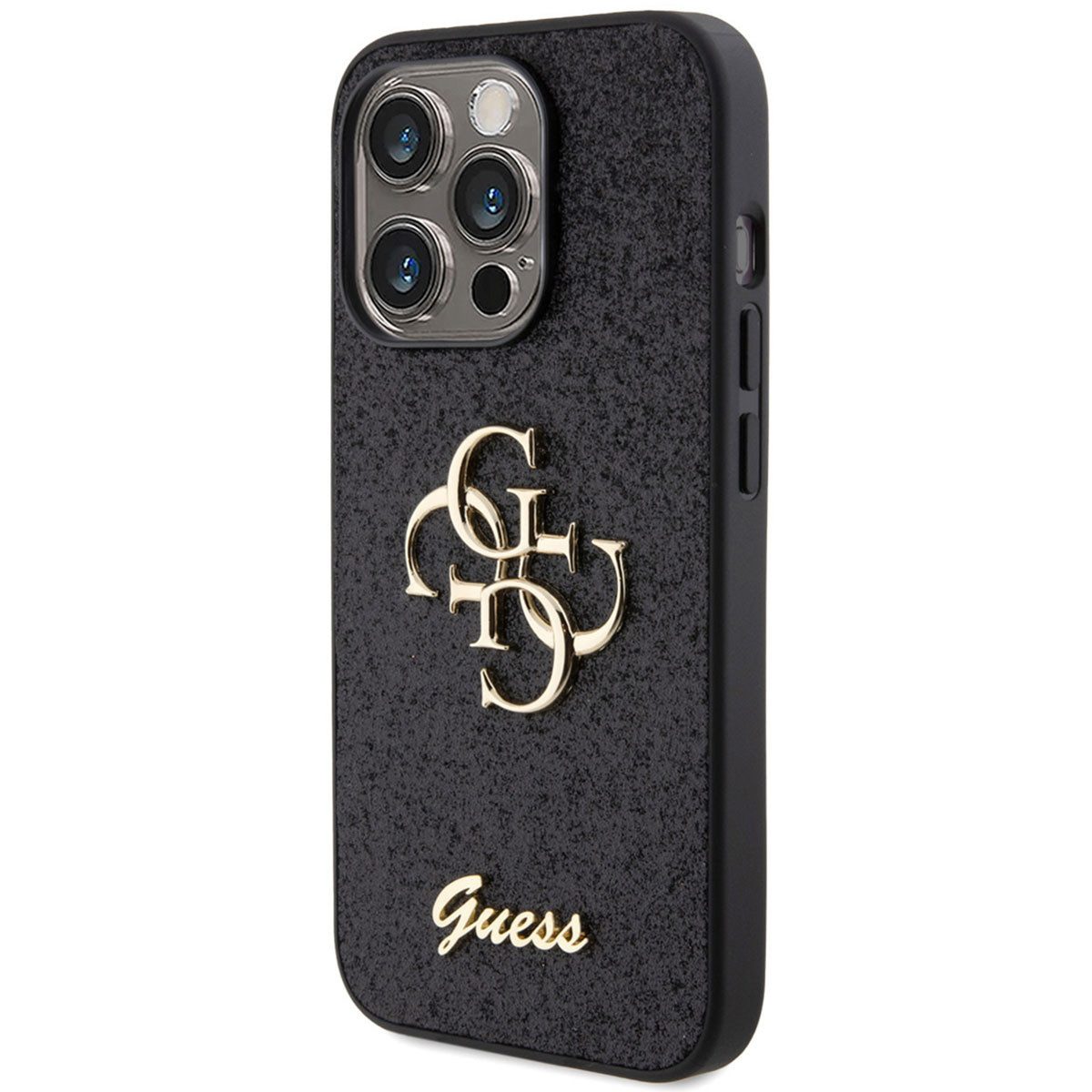 Guess Backcover Guess 4G Metal Logo Back Cover mit Glitter Apple iPhone 15 Pro - Schwa