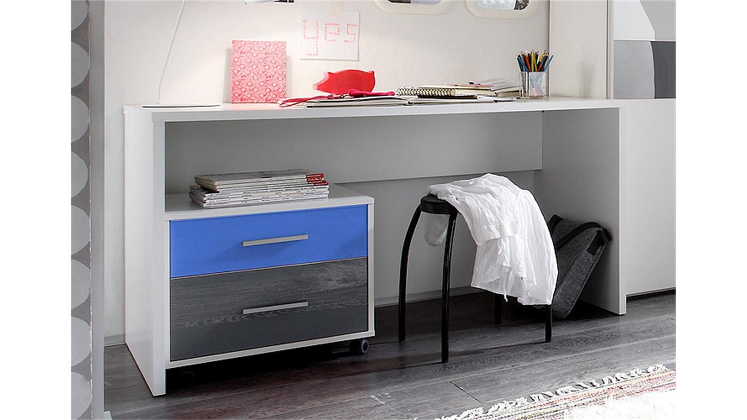Bega Consult Schreibtisch Schreibtisch Colori weiß und blau grauinkl. Rollcontainer 135 cm