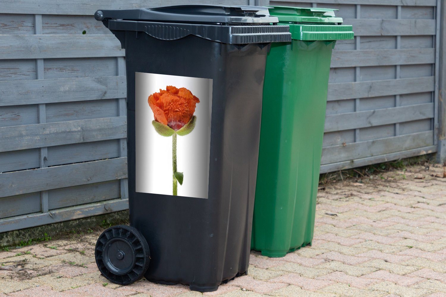 MuchoWow Wandsticker Oranger Mohn Sticker, weißem St), Mülltonne, Hintergrund vor (1 Mülleimer-aufkleber, Container, Abfalbehälter