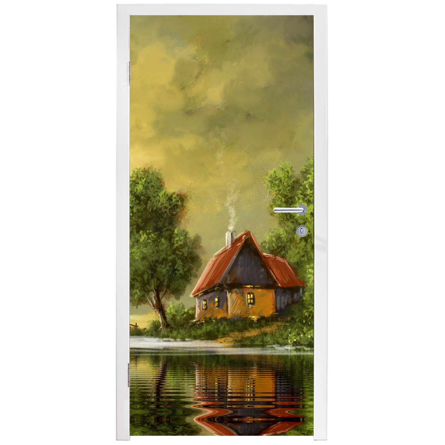 MuchoWow Türtapete Gemälde cm - Ölfarbe Türaufkleber, Matt, - St), Fototapete Natur Tür, - Wasser, (1 Haus - 75x205 bedruckt, für