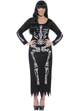 Smiffys Kostüm Knöchellanges Knochenkleid, Figurbetontes Skelettkleid für düstere Damen