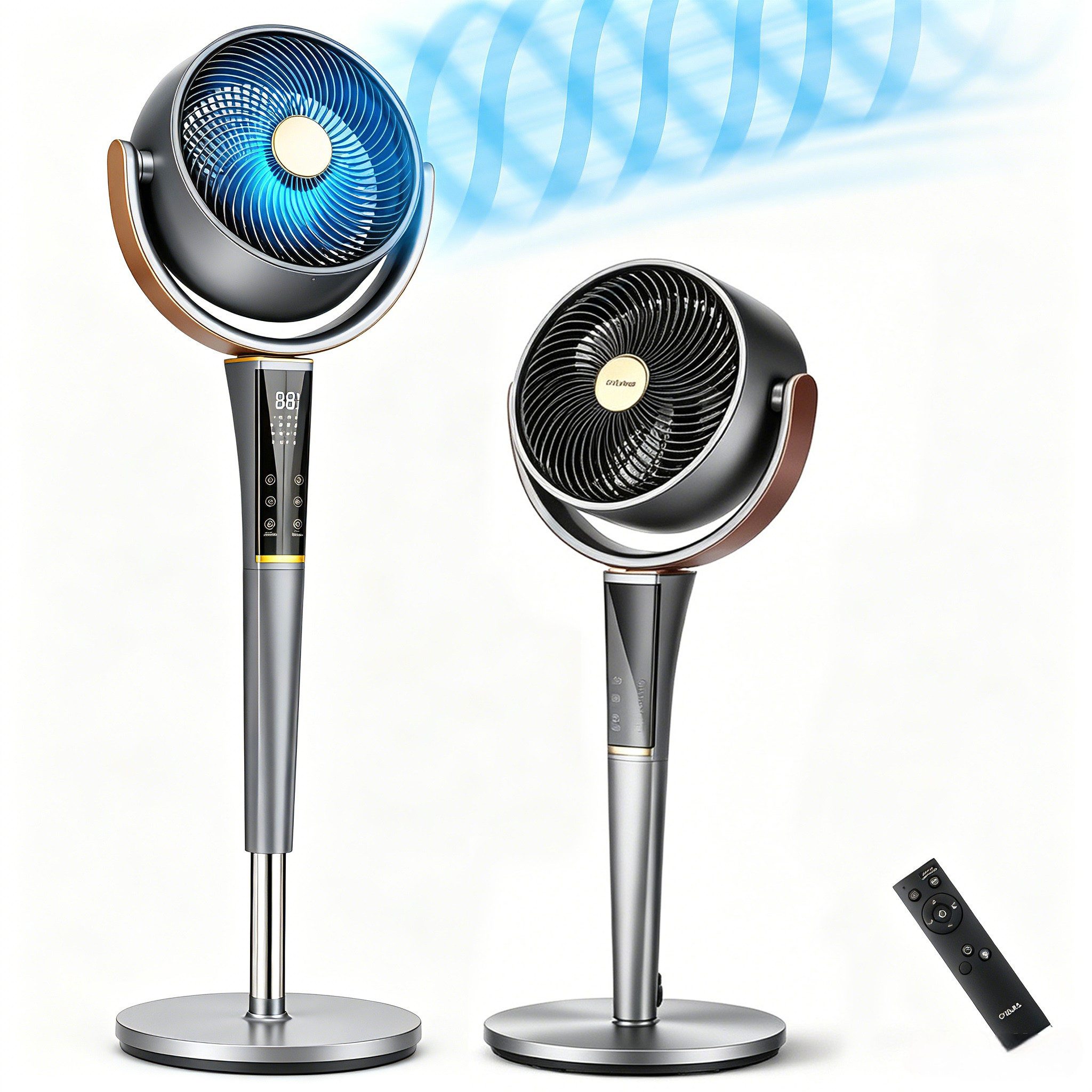 oyajia Standventilator mit Fernbedienung, Leiser 20 dB, 3D-Schwenkung, 15 Geschwindigkeit, Ventilatoren 6 Modi, blaue Ambientbeleuchtung, Turbotechnik&Tragegriff