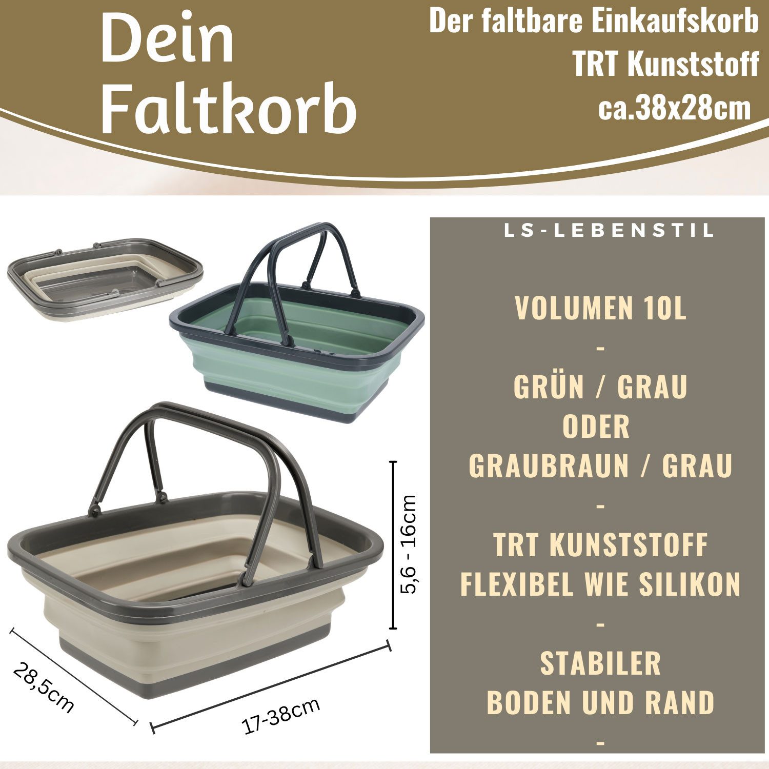 LS-LebenStil Einkaufskorb Flexibler Faltkorb 38x28cm Einkaufstasche Shopper faltbar mit Griff, 10.00 l, TRT Kunststoff ähnlich Silikon - Wäschekorb Picknick-Korb Camping
