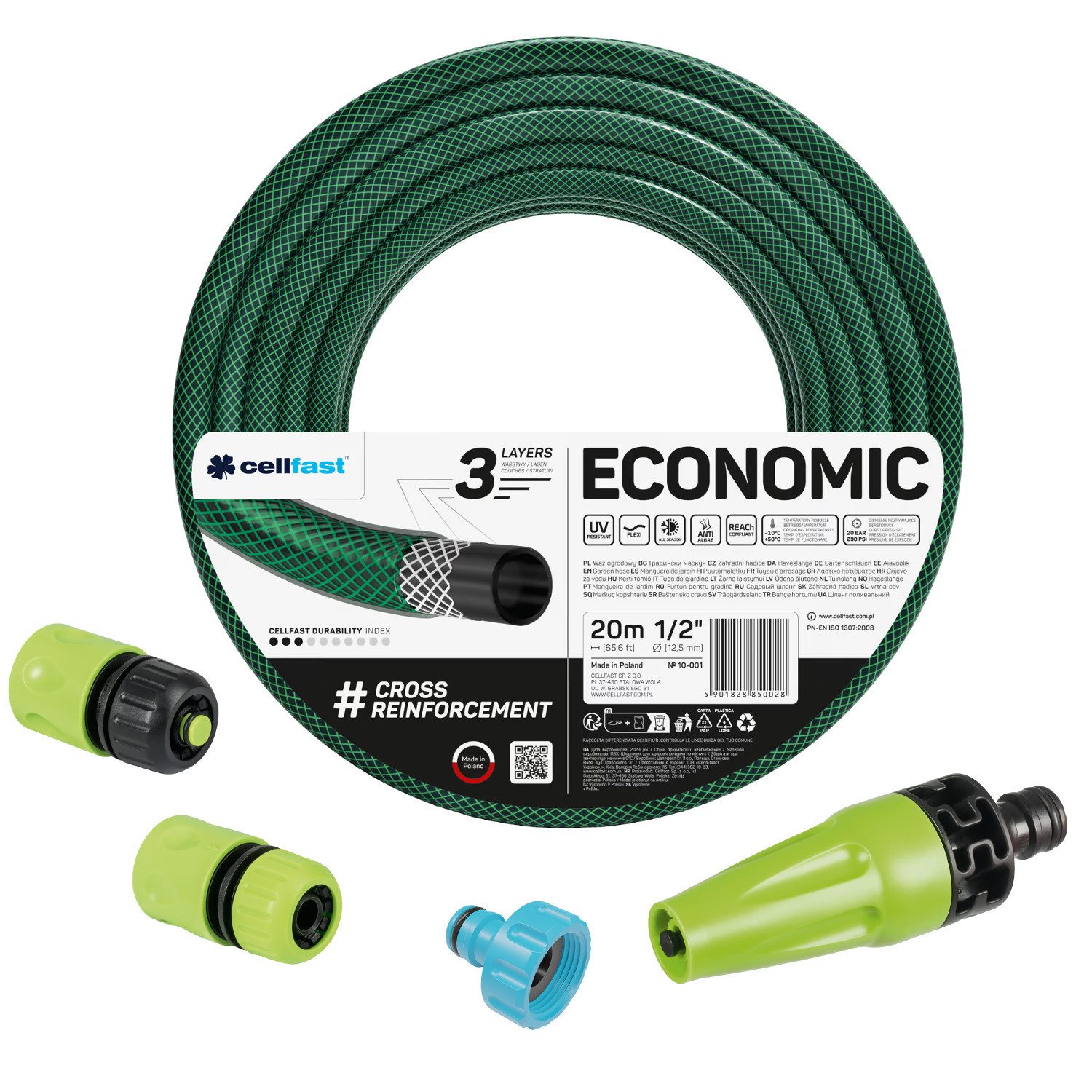 Cellfast Gartenschlauch 1/2" 20 m mit Sprühkopf und Anschlüssen, Durchgangs- und Absperr-Schnellkupplung 1/2"