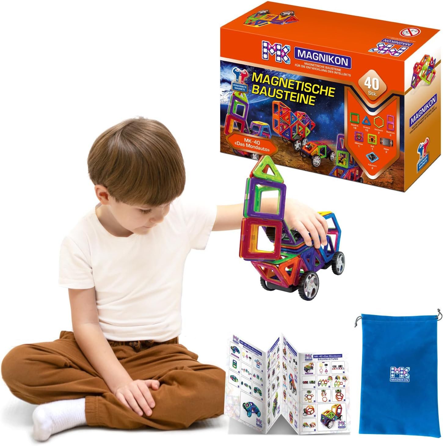 MAGNIKON Magnetspiel Bauklötze Das Rennen mit Rädern, 17 Teile Magnetspielbausteine, (Magnetische Bausteine, 40 St., Verstärkte Magnete), robuster Kunststof