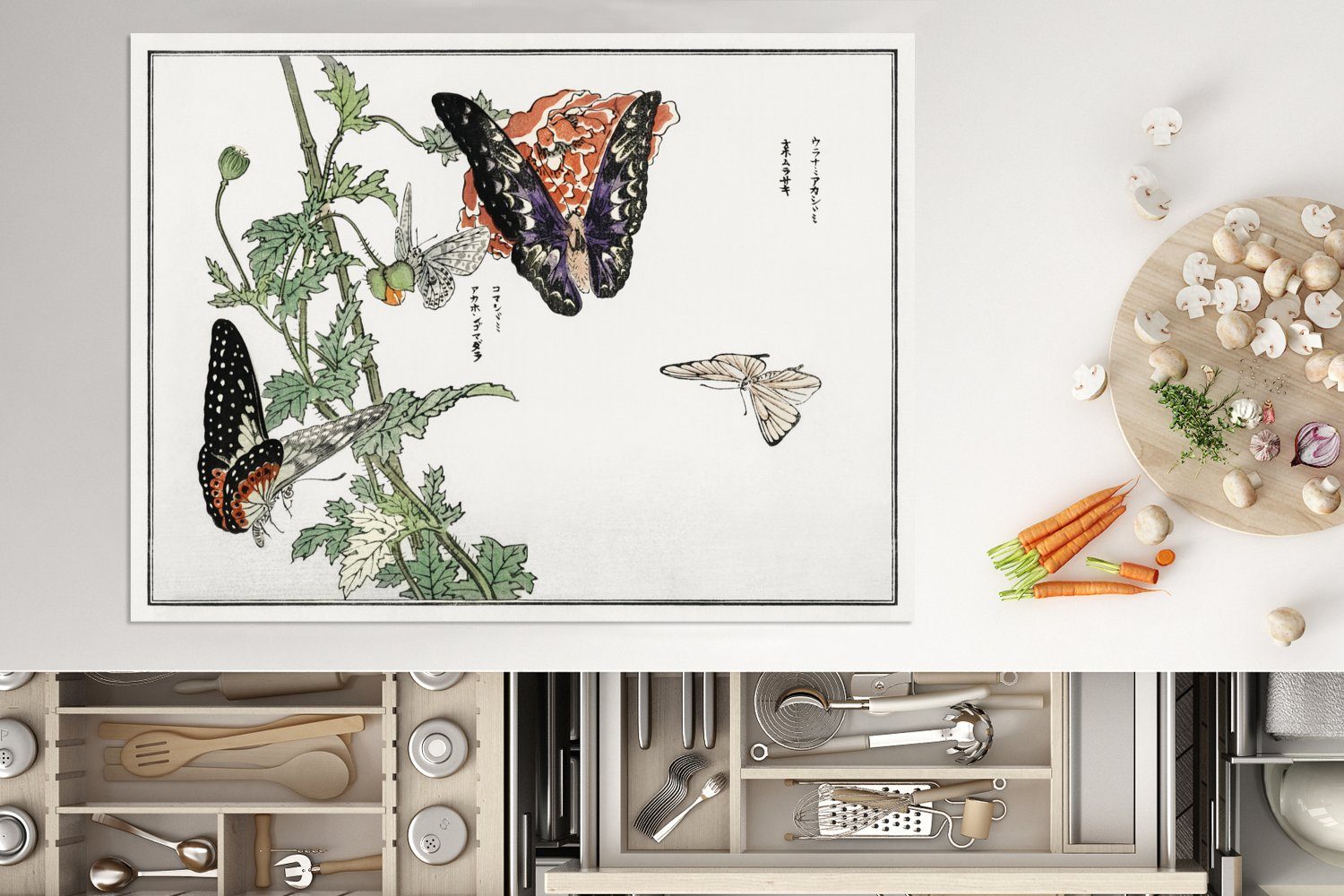 - Arbeitsfläche Japan 70x52 Herdblende-/Abdeckplatte tlg), - (1 cm, Schmetterling MuchoWow Blume, Vinyl, nutzbar, Mobile Ceranfeldabdeckung