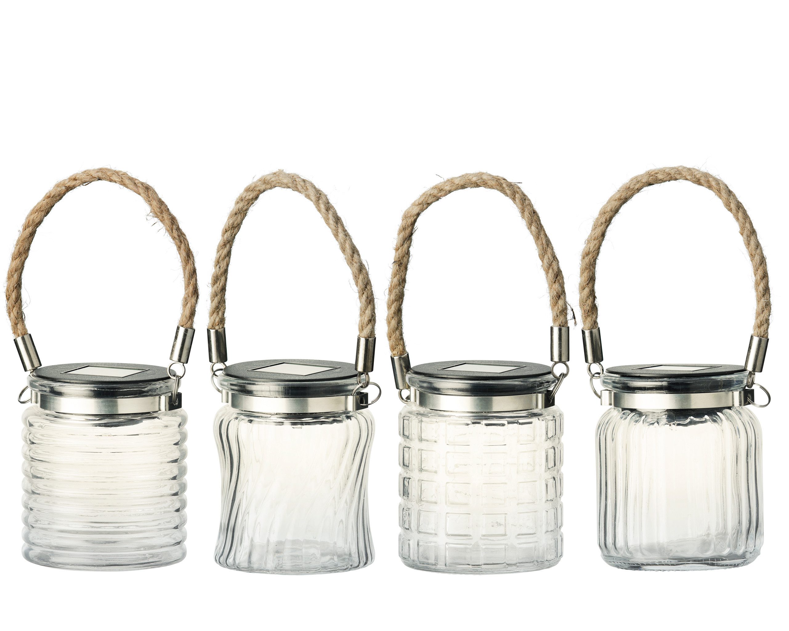 Lumineo LED Solarleuchte, Dauerlicht, warmweiß, LED Solarlicht Glas Laterne mit Jutegriff 7,5x9cm 1 Stk sort. Warmweiß