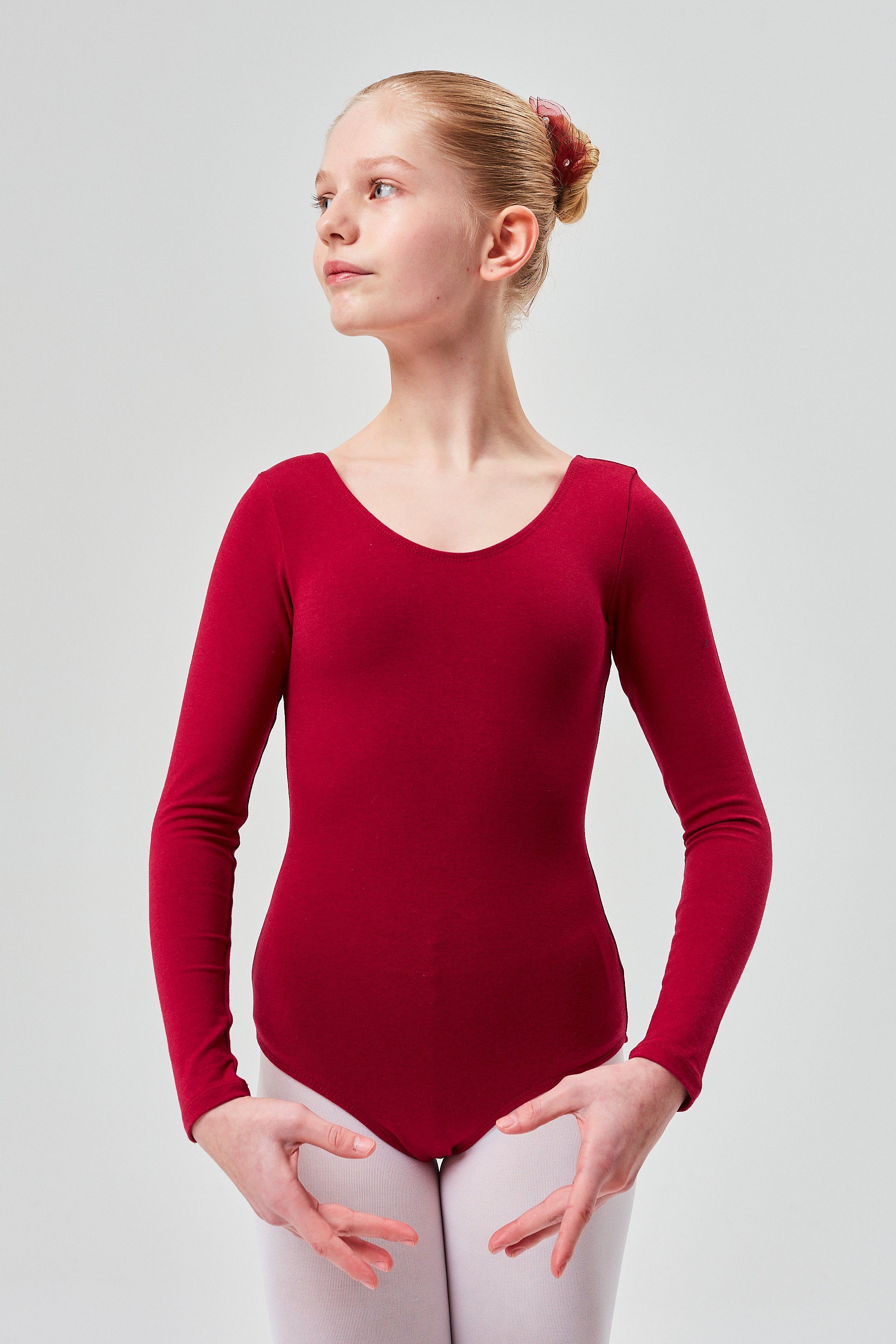 tanzmuster Body Ballettbody Lilly aus weichem Baumwollmischgewebe Langarm Trikot fürs Kinder Ballett burgunder