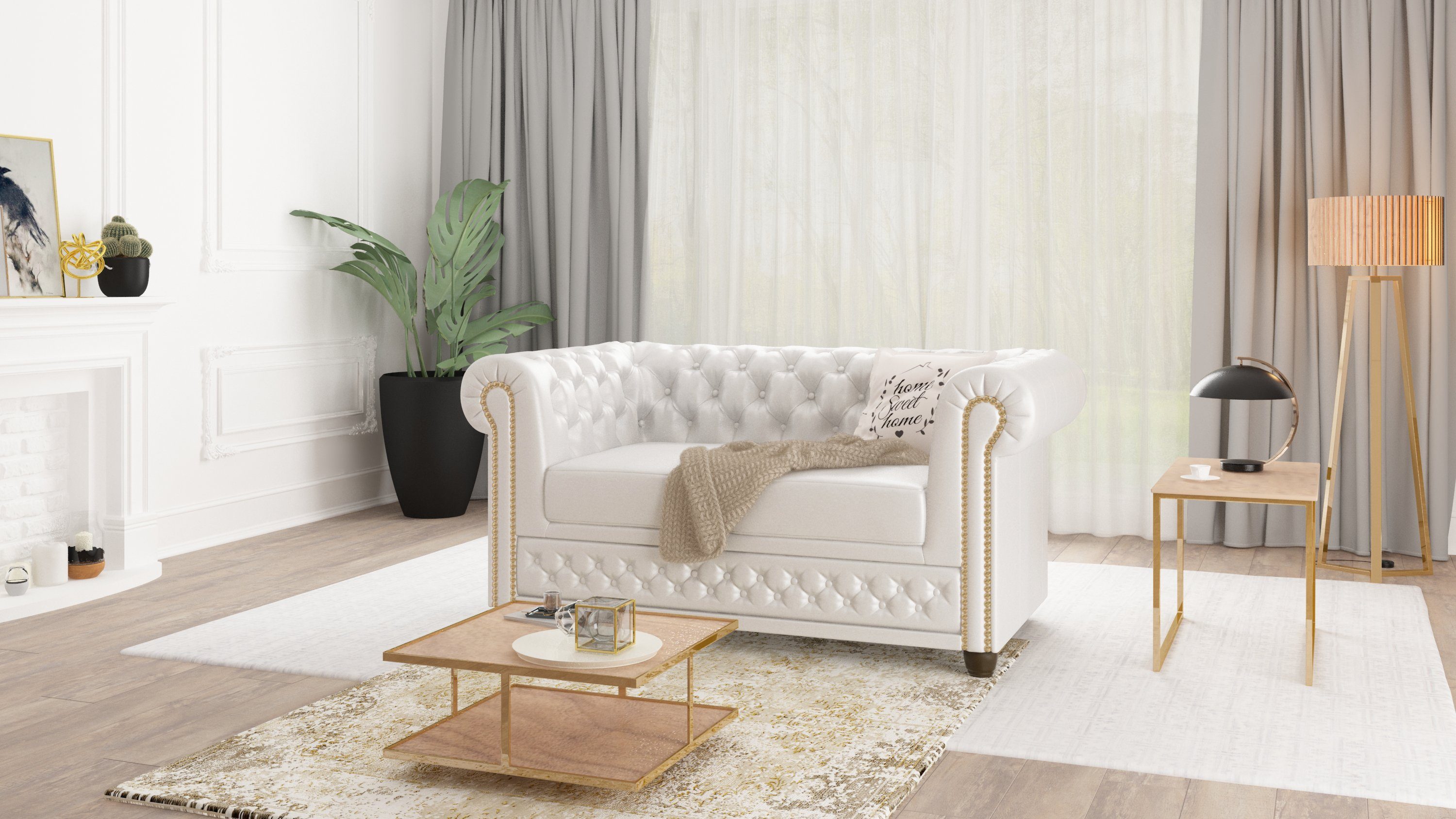 2-Sitzer S-Style Sofa, mit Möbel Wellenfederung Jeff Weiß Chesterfield