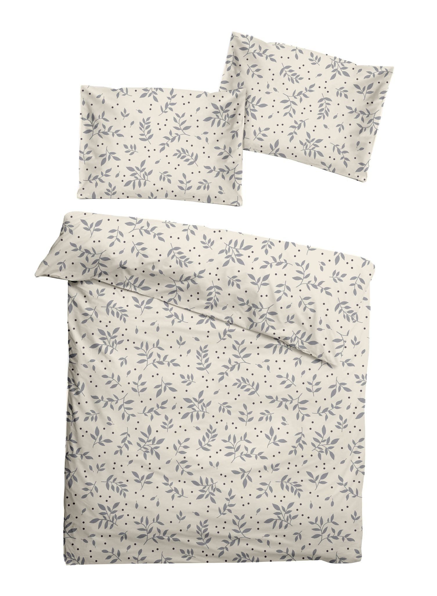 JACK Bettwäsche 100x135cm Floral Neutrale Natur Weiß Grau, Biber, 2 teilig, elegantes Blumenrankendesign, mit Reißverschluss
