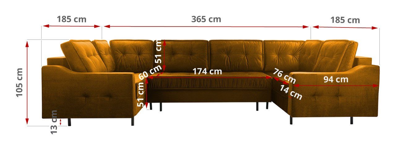 Bettsofa MÖBEL MKS U-Form - Couch Wohnlandschaft - Schlaffunktion Ecksofa Gelb U, mit ABETO Monolith