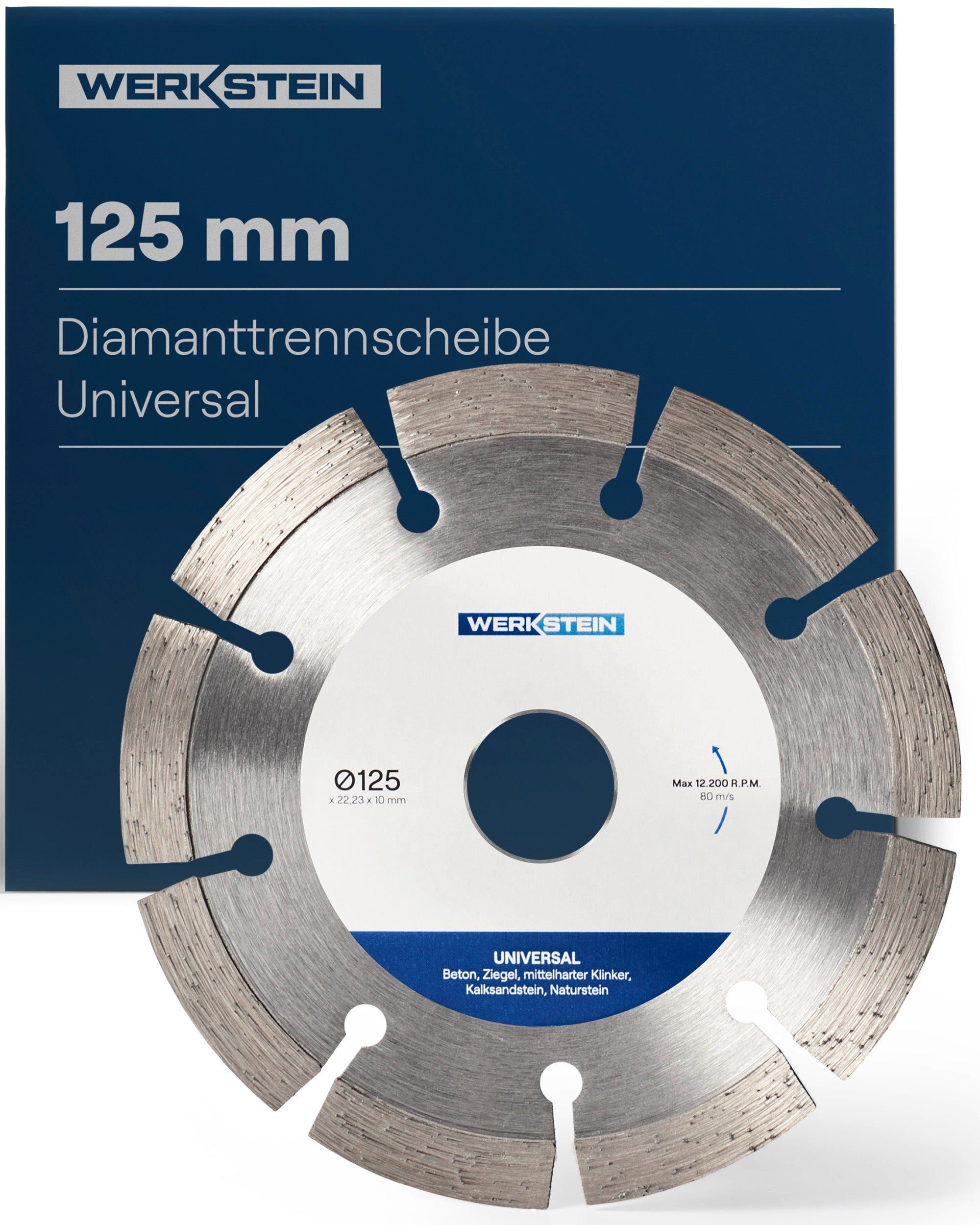 Werkstein Diamanttrennscheibe 125mm x 22,23mm x 10mm I zum Schneiden von Stein, Beton, Ziegel uvm., 10 mm Segment, 125x2 mm ⌀, Bohrung: 22,23 mm, Schnitt-Tiefe: 45mm