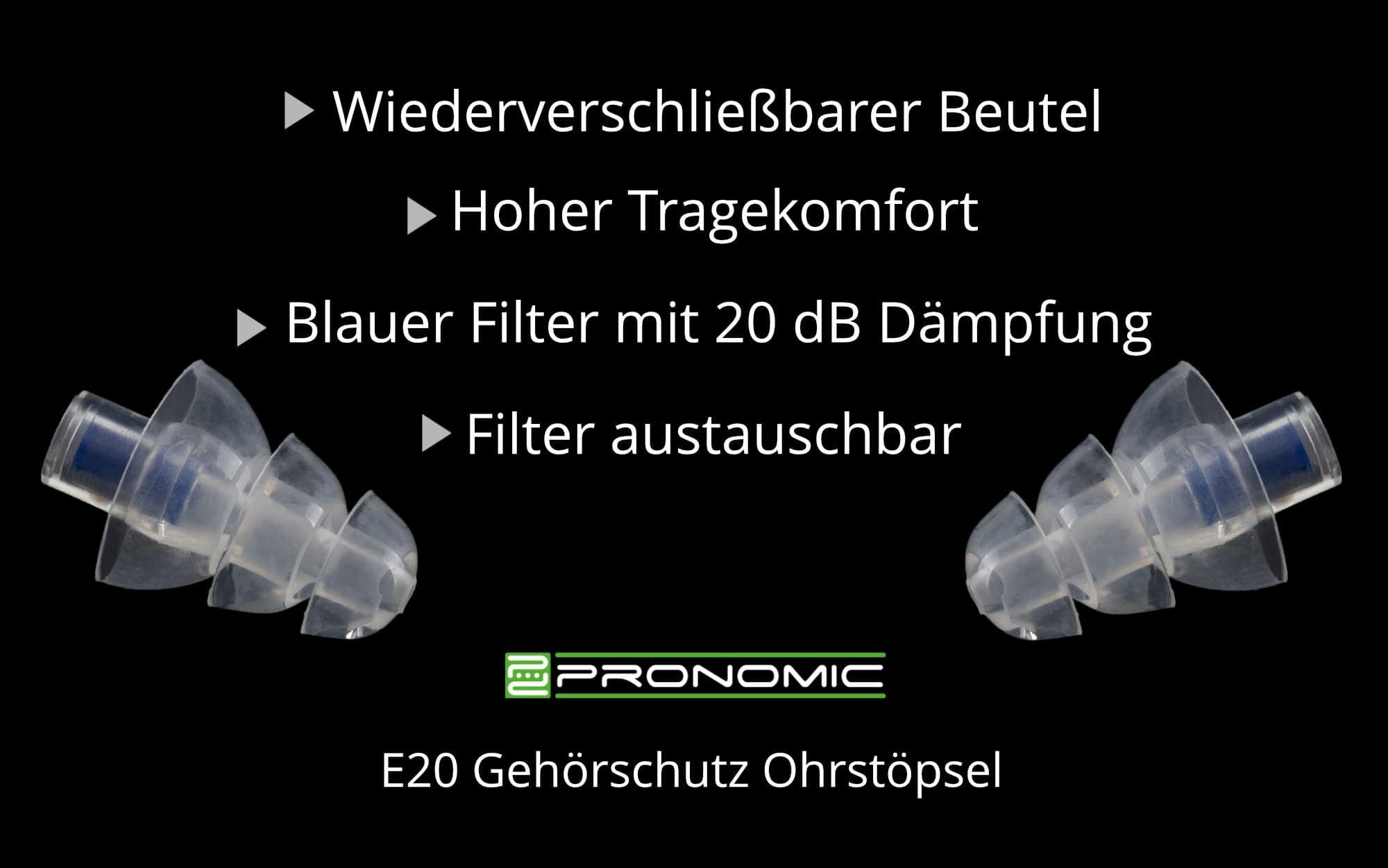 Pronomic Gehörschutzstöpsel E20 Ohrstöpsel zum Schlafen 20dB, Gehörschutz gegen Larm, wiederverwendbar