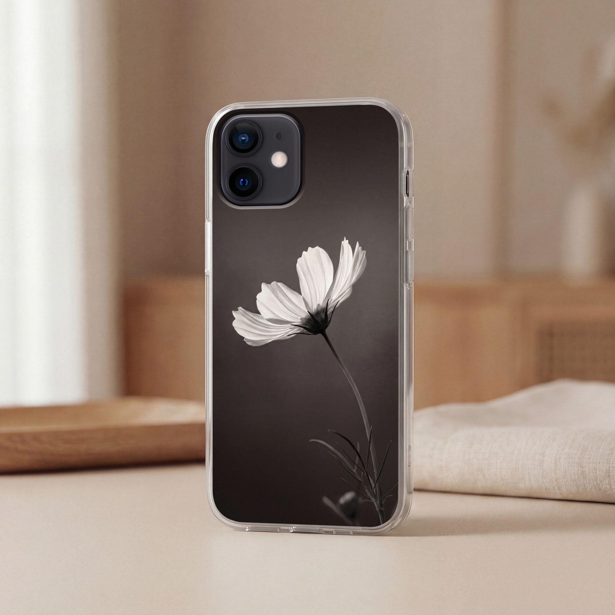 MuchoWow Handyhülle für Apple iPhone 12 Pro Blume - Minimalistisch - Schwarz - Weiß, Smartphone-Bumper, Print, Handy Schutzhülle Dünn