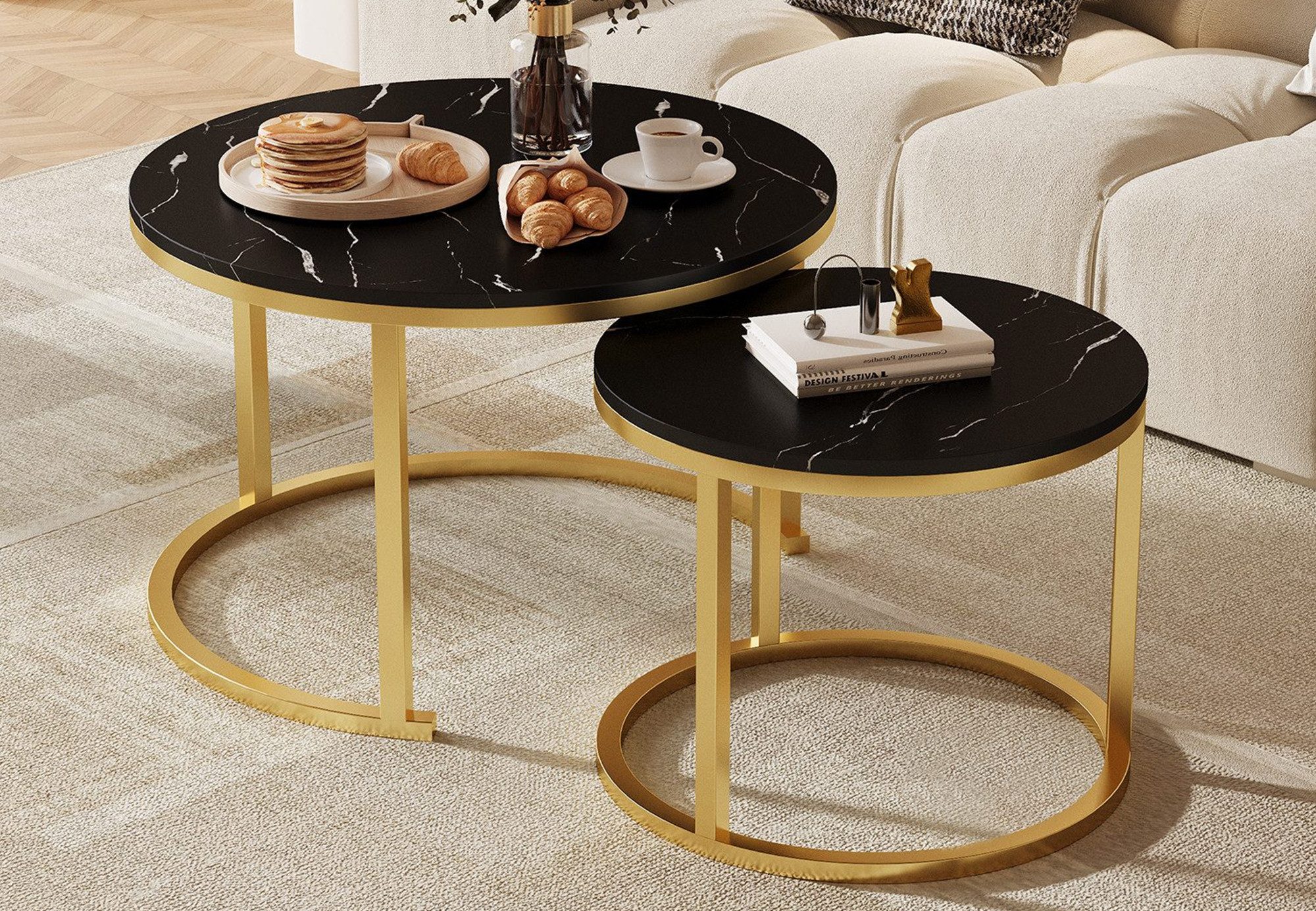Hiazurm Couchtisch Couchtisch 2er Set mit Marmormuster, Kaffeetisch, Beistelltisch (Satztisch für Wohnzimmer & Büro & Schlafzimme & Balkon, 2er Set), 70x45cm+50x40cm, Rund