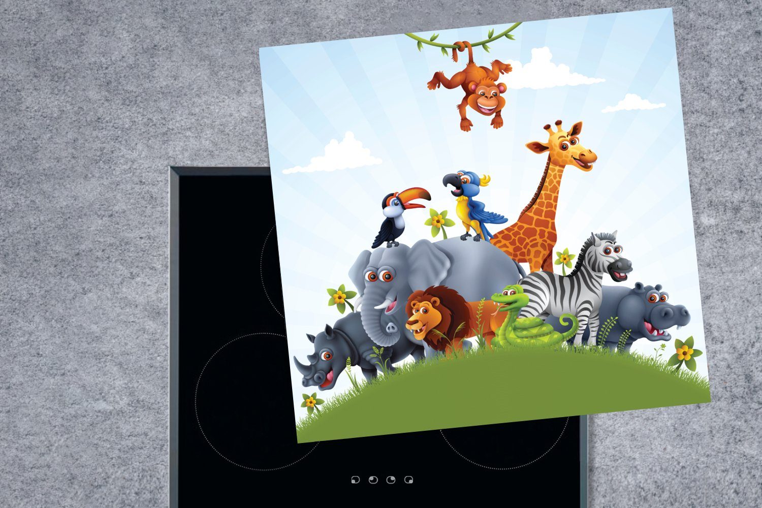 Vinyl, Jungen Illustration - Kind, Dschungel - Ceranfeldabdeckung, MuchoWow - cm, - Herdblende-/Abdeckplatte Mädchen (1 für - Arbeitsplatte tlg), Wildtiere küche 78x78