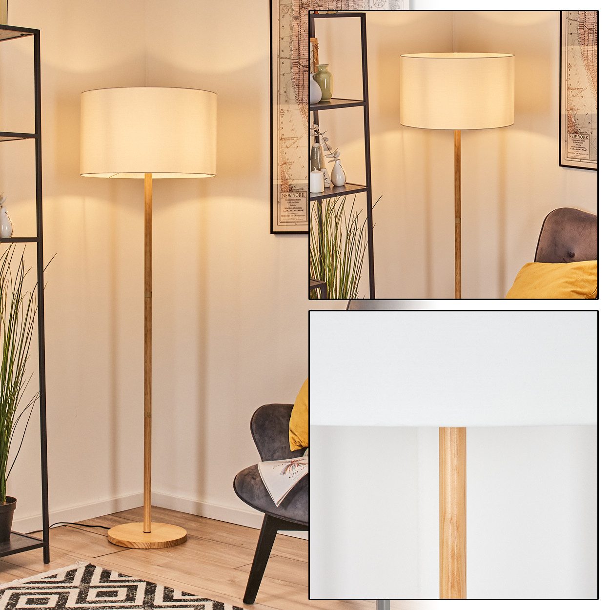 hofstein Stehlampe Stehlampe aus Holz im modernen Boho-Design, ohne Leuchtmittel, Stehleuchte mit Schirm aus Stoff und Fußschalter, Ø 50 cm, 167 cm, E27