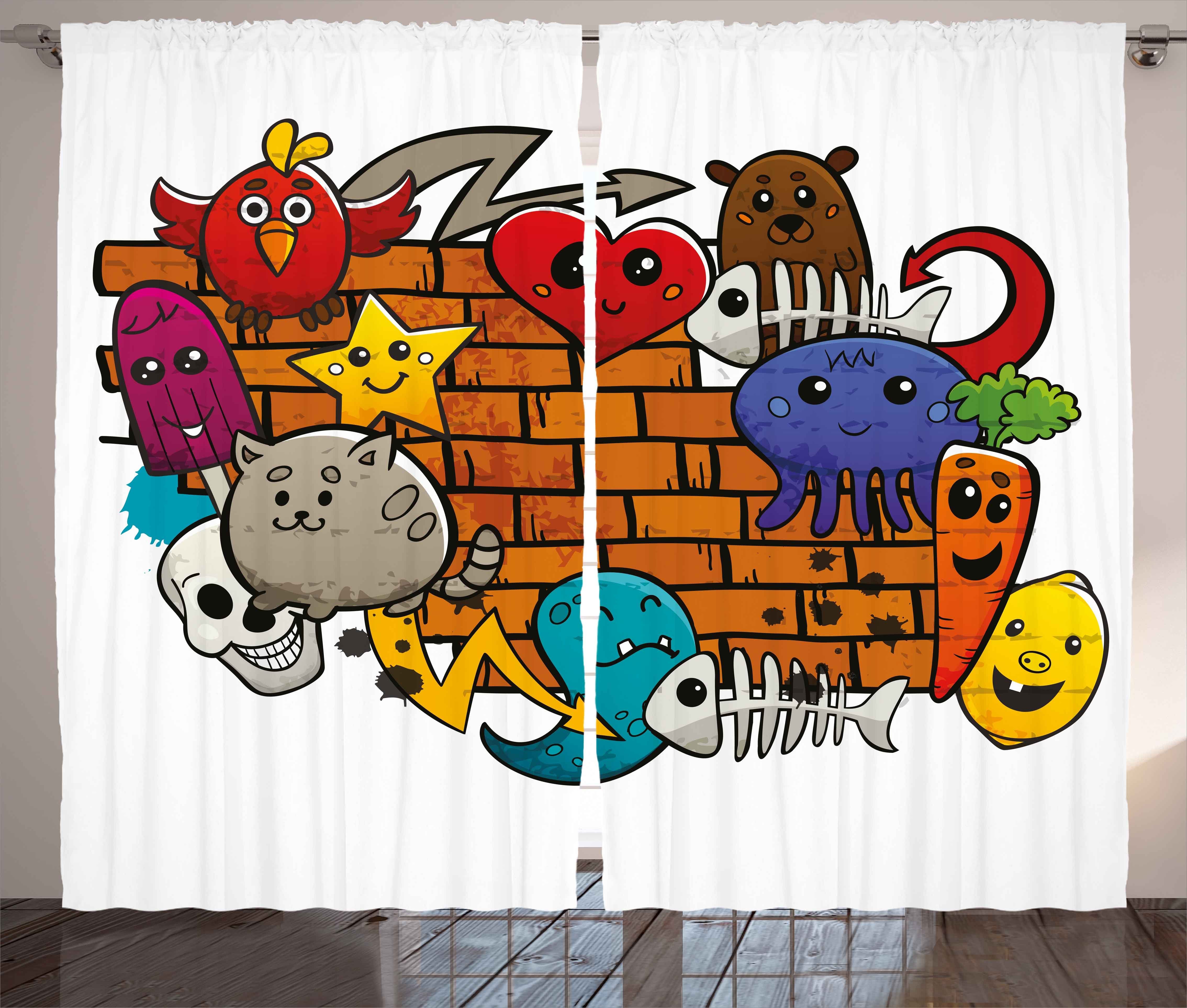 Schlafzimmer mit Graffiti Gardine Vorhang Kräuselband und Cartoon-Katze-Vogel-Schädel Schlaufen Haken, Abakuhaus,