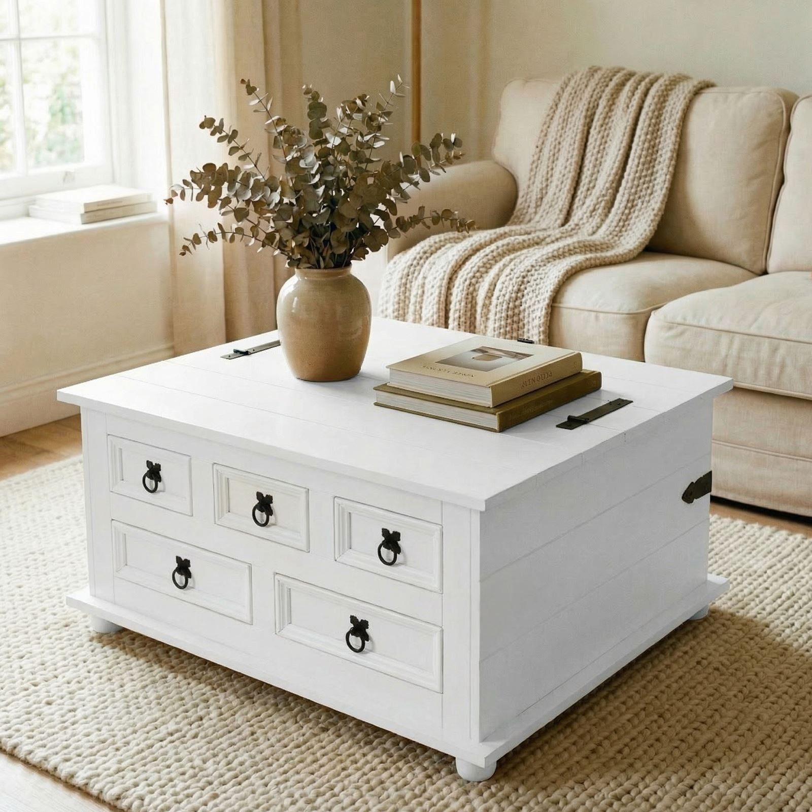 IDIMEX Truhentisch TEQUILA, Mexico Truhe mit Deckel & 5 Schubkästen, Kiefer Massivholz weiß